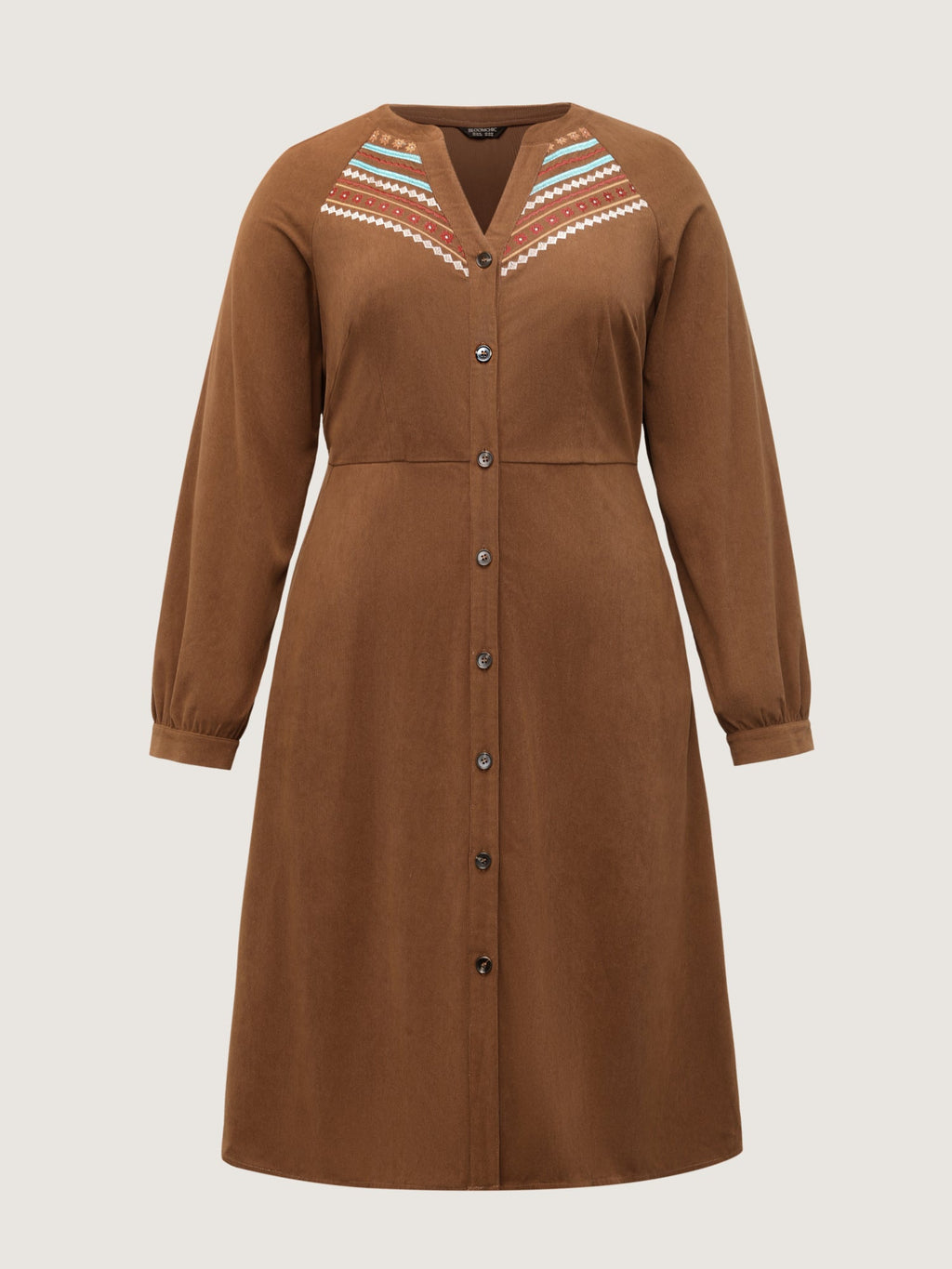 Corduroy Embroidered Pockets Button Midi Dress