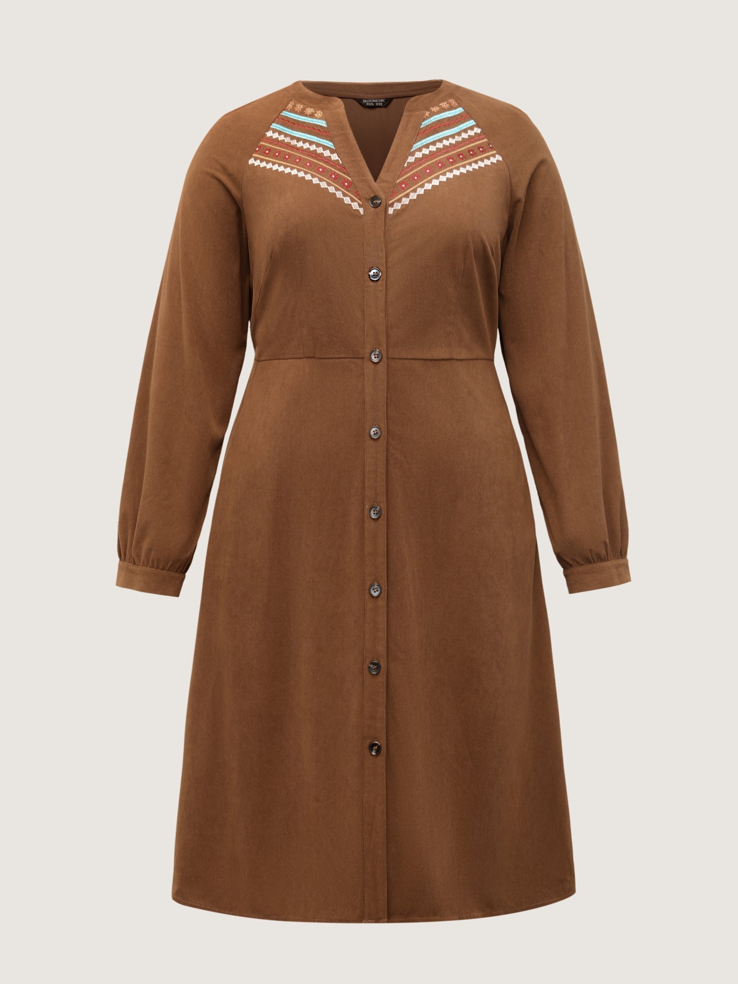 Corduroy Embroidered Pockets Button Midi Dress