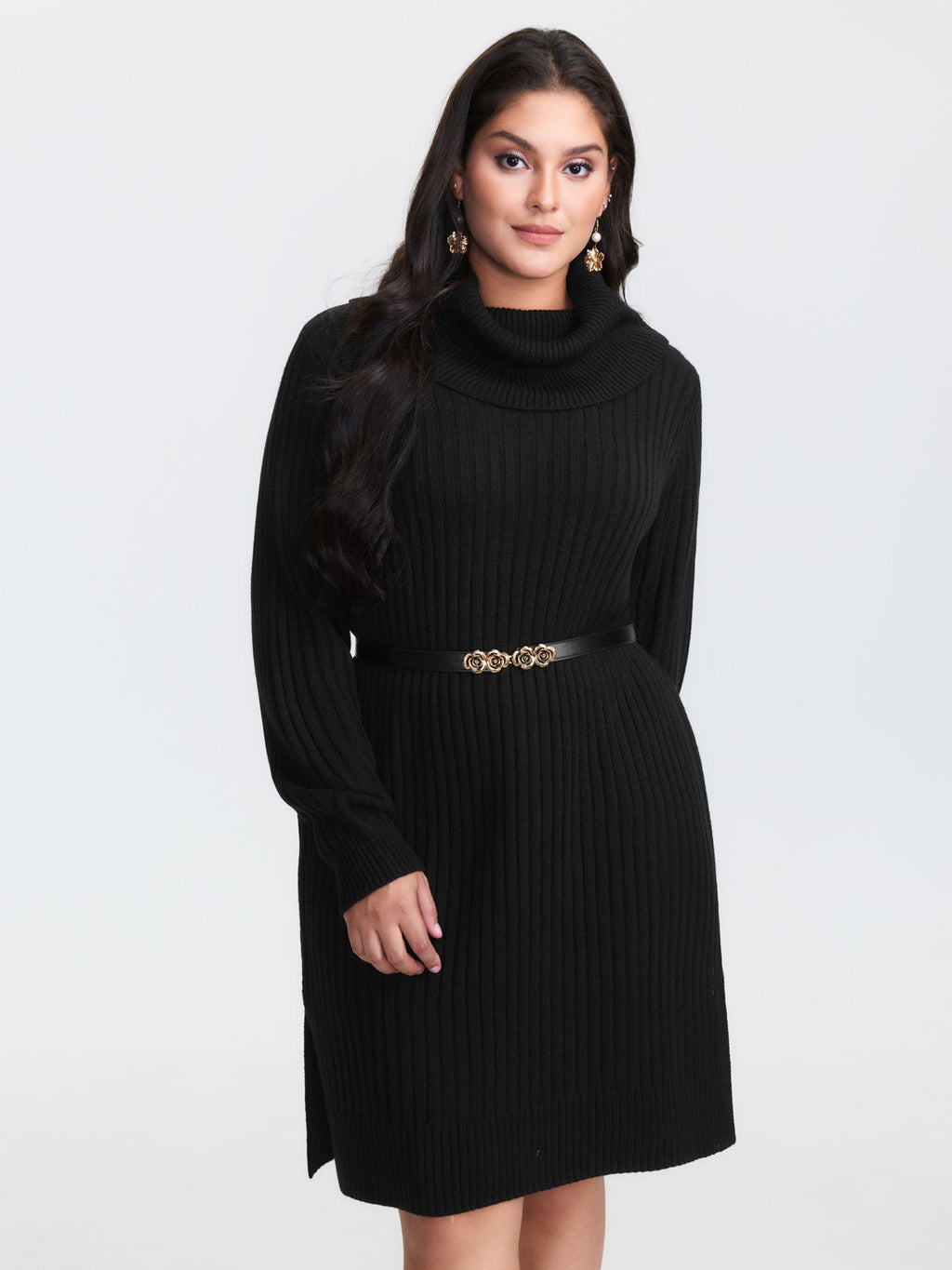 High Turtleneck Textured Sweater Dress