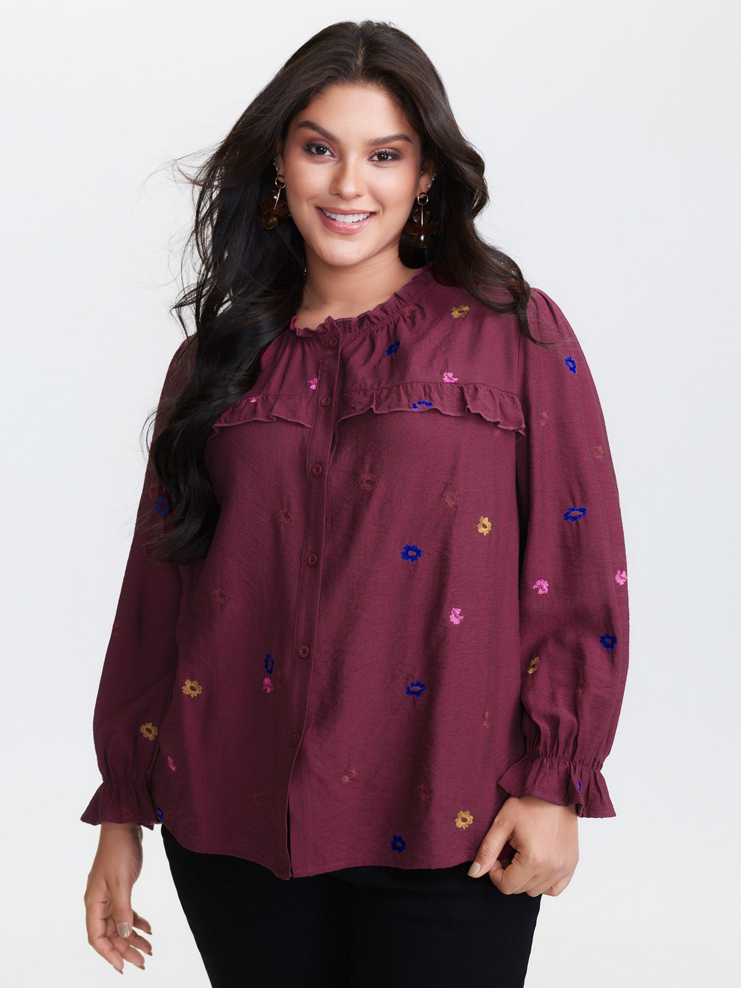 Colorful Floral Embroidery Button Shirt