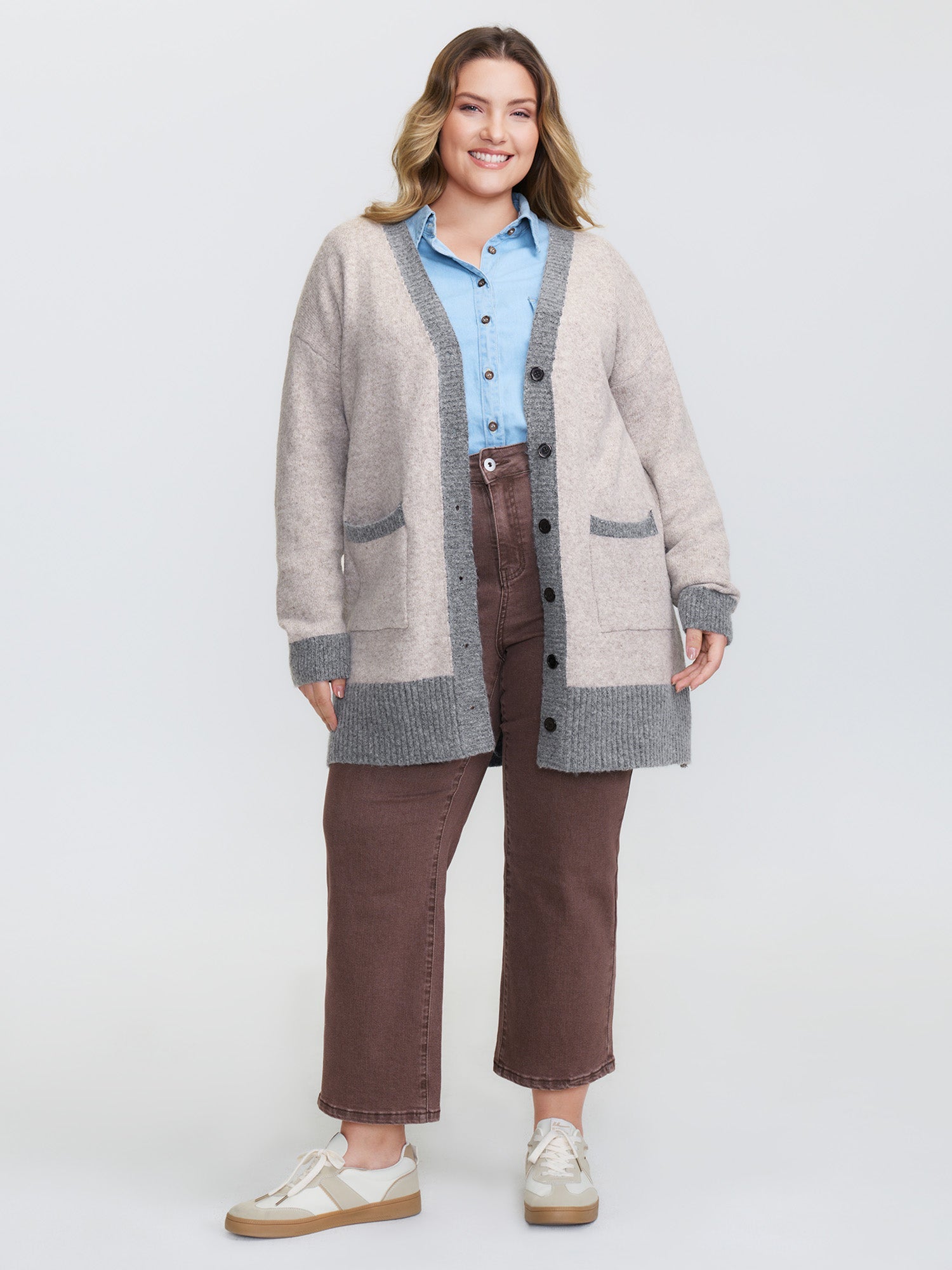 Color Contrast Buttons Pockets Knit Cardigan