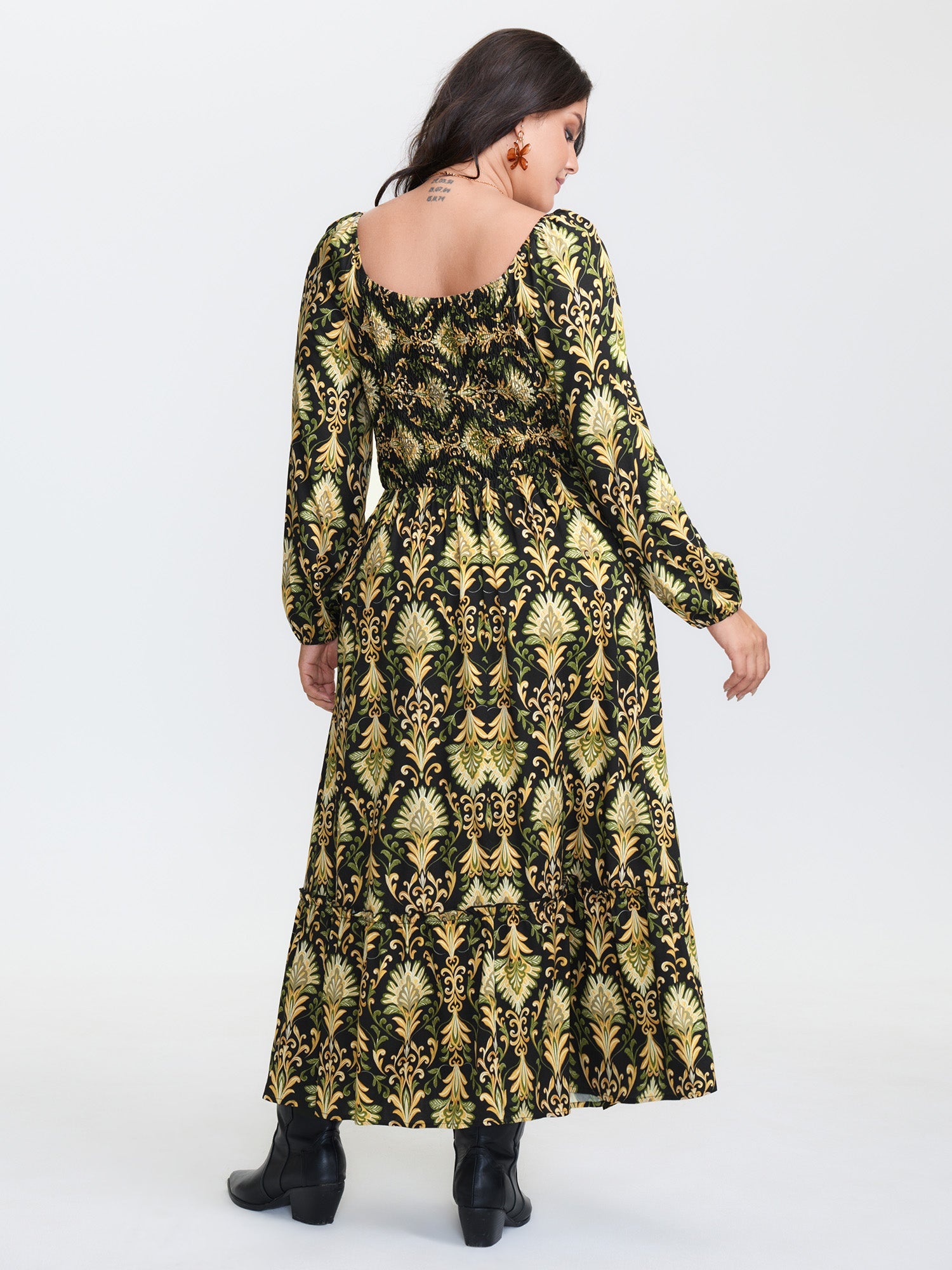 Boho Print Triangular Waist Shirred Maxi Dress