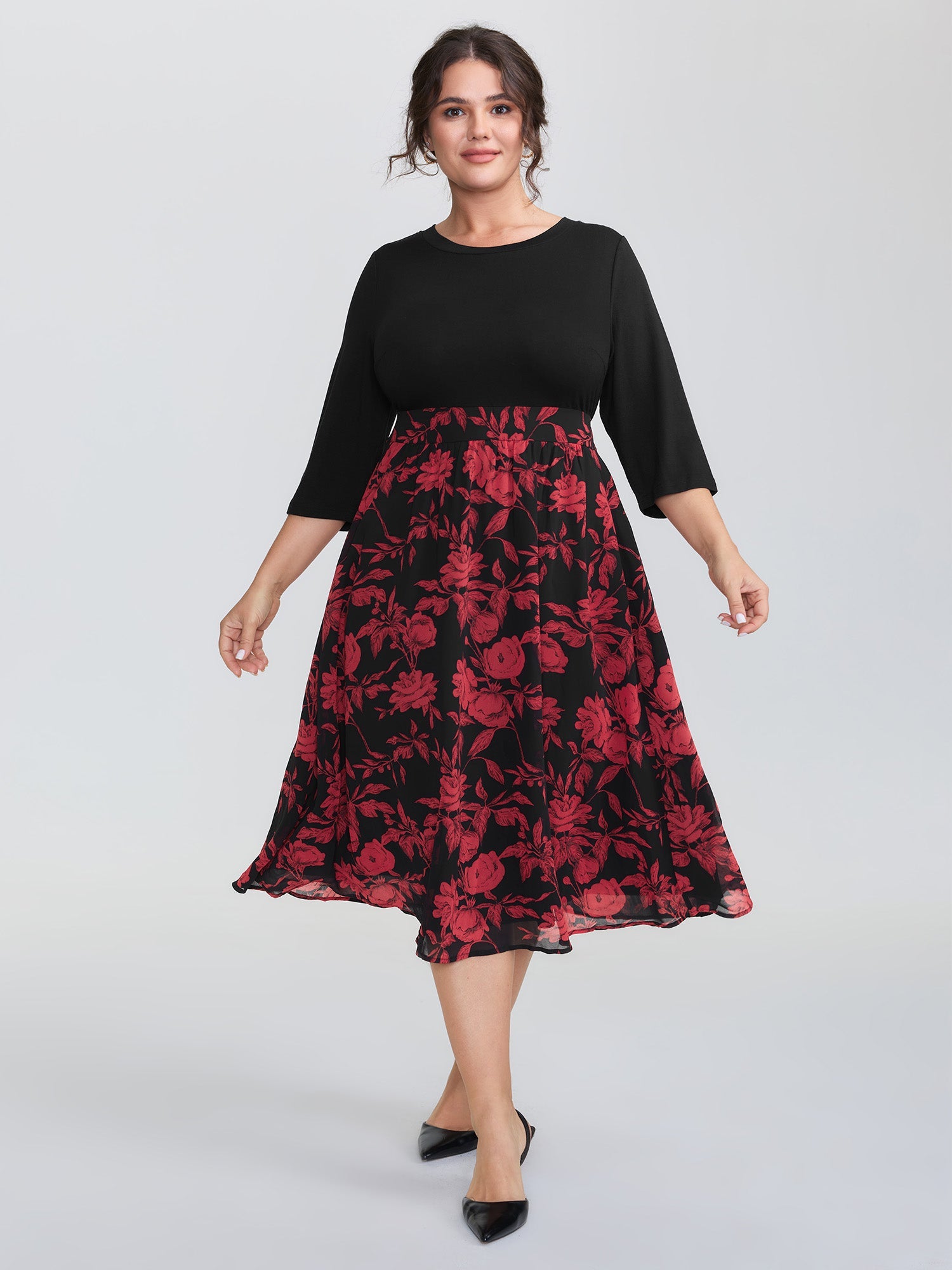 Floral Shirred Waist Color Contrast Midi Dress