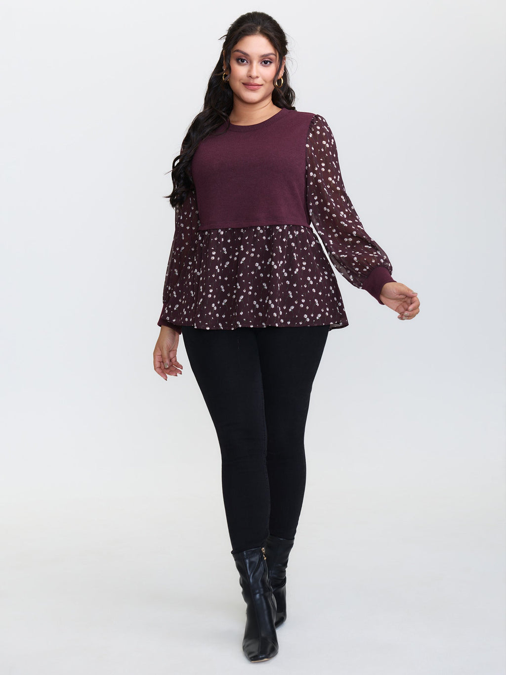 2-in-1 Floral Ribbed Knit Top