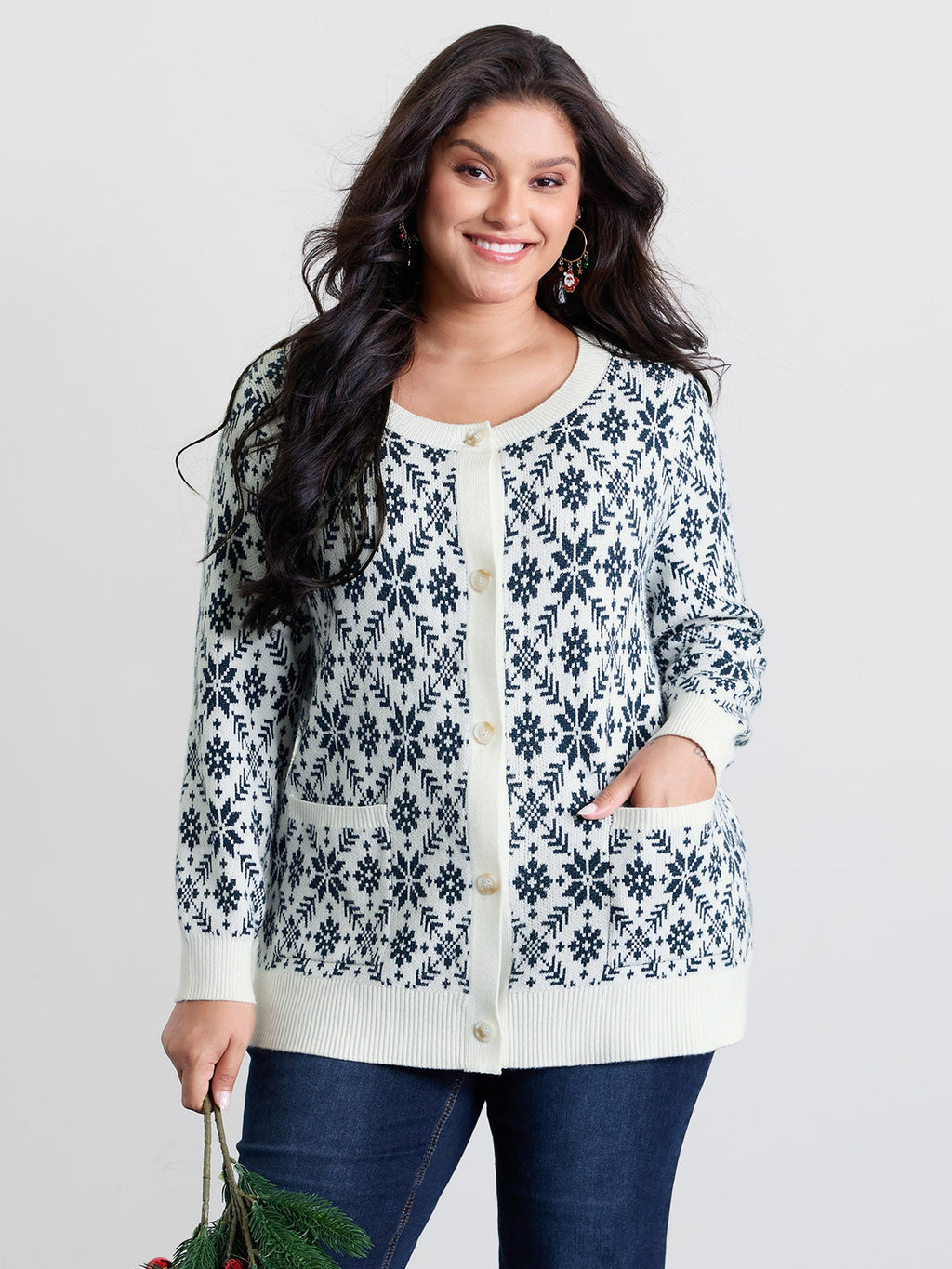 Supersoft Snowflake Jacquard Pattern Pockets Knit Cardigan