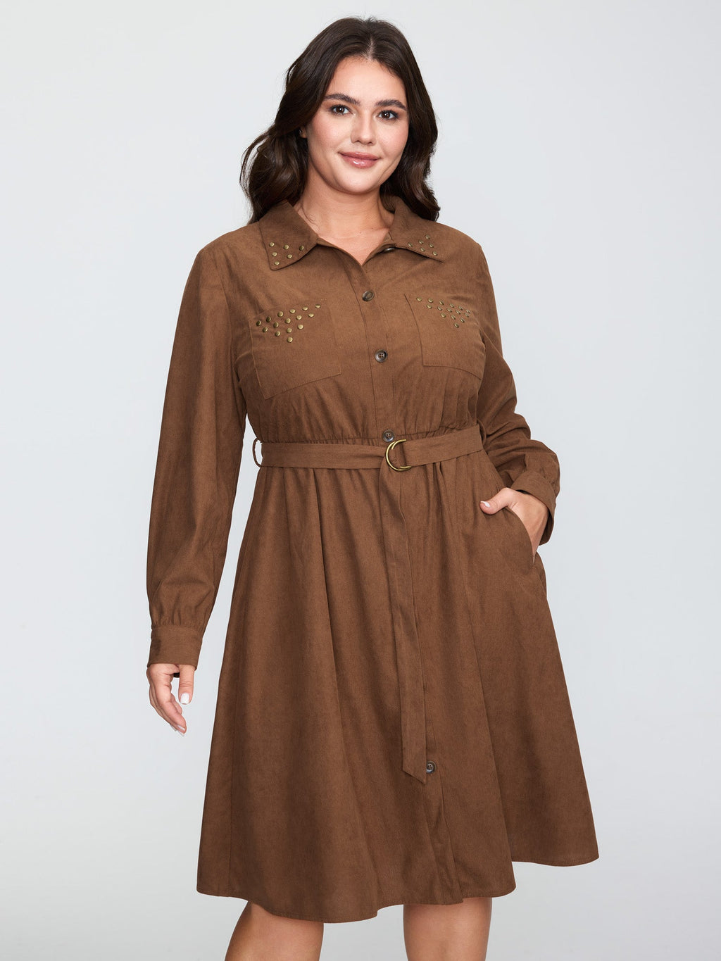 Corduroy Rivets Belted Waist Midi Shirt Dress