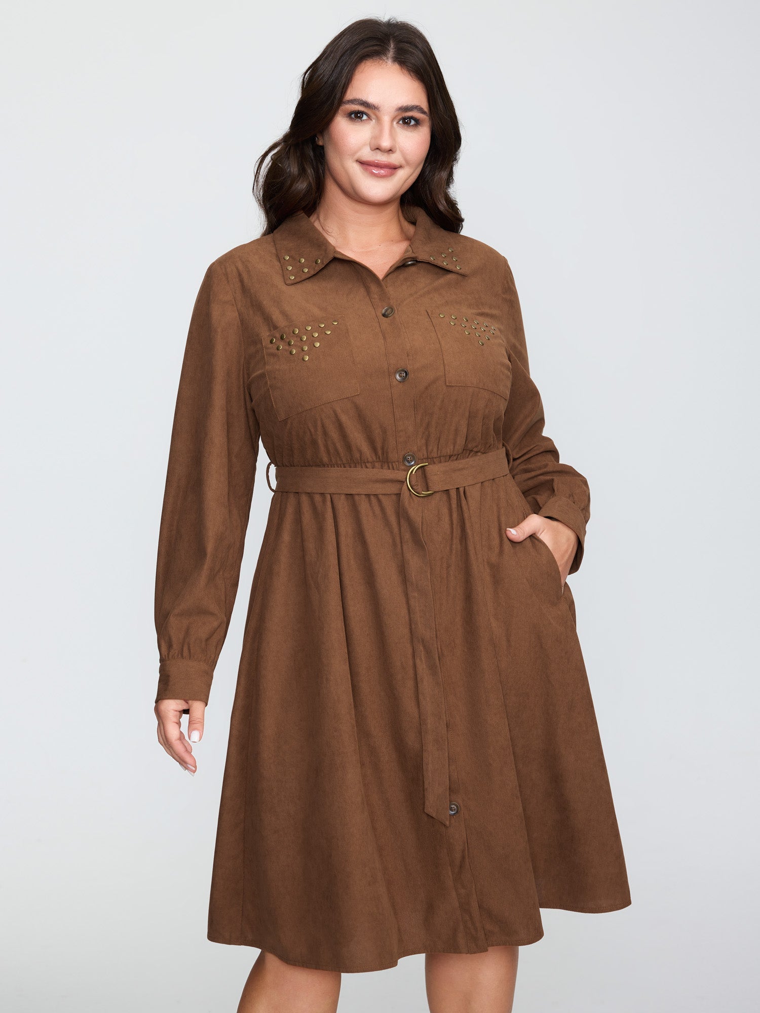 Corduroy Rivets Belted Waist Midi Shirt Dress