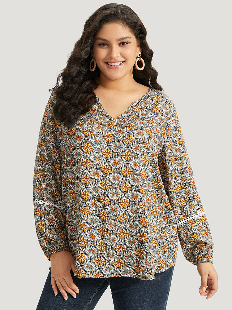 Boho Print Notched Contrast Lace Blouse