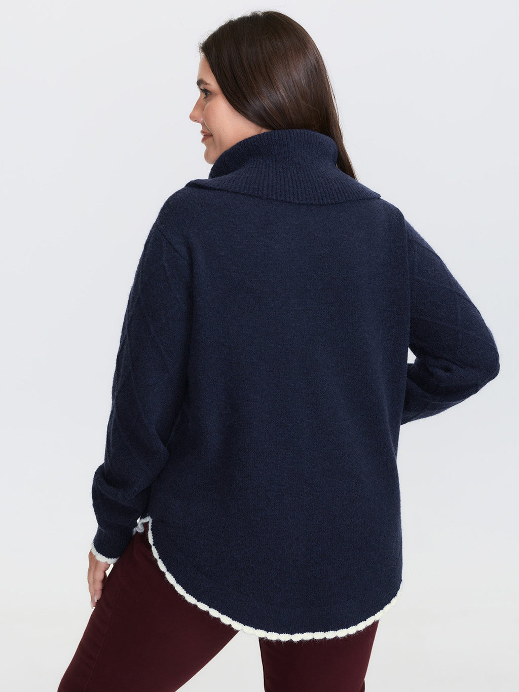 Curvy Contrast Hem Textured Turtleneck Pullover