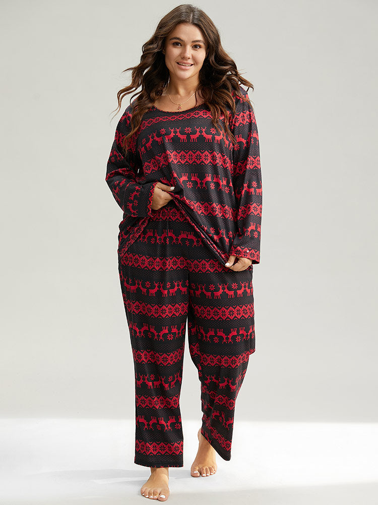 Christmas Elk Print Round Neck Sleep Top