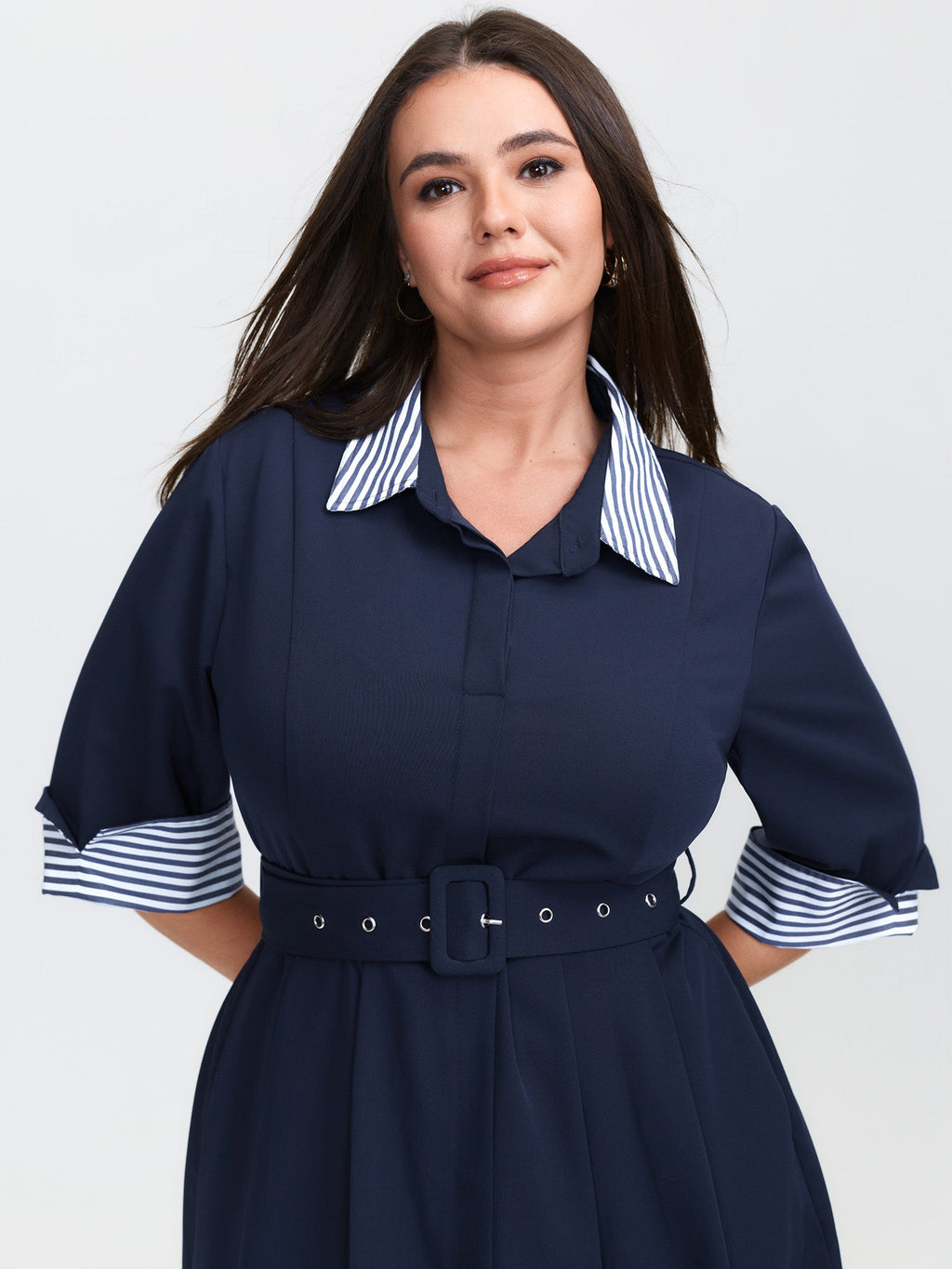 Color Contrast Cuffs Belted Midi Dress