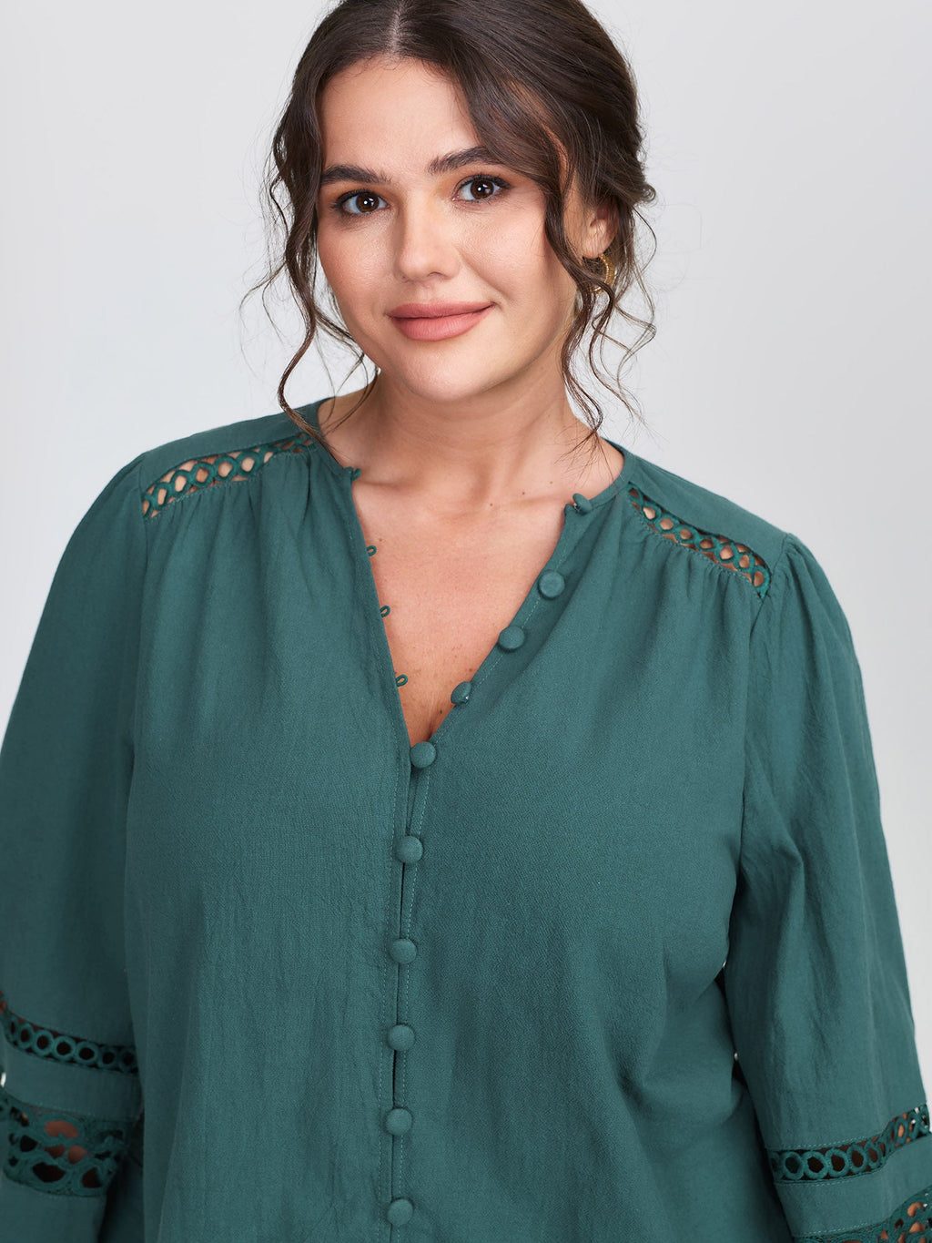 Cotton Lace Trim Button Placket Blouse