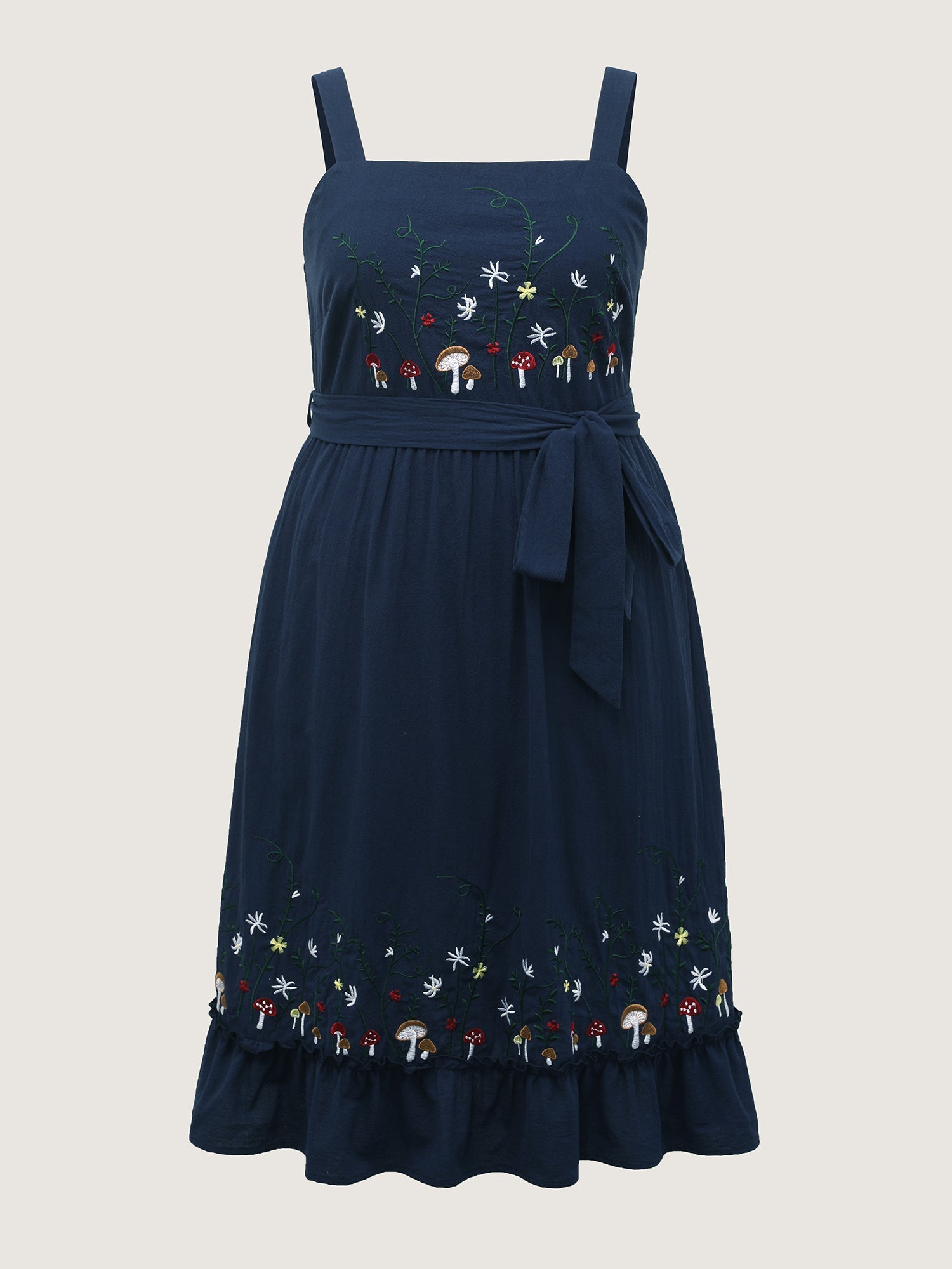 Cotton Garden Embroidery Belted Waist Midi Dress