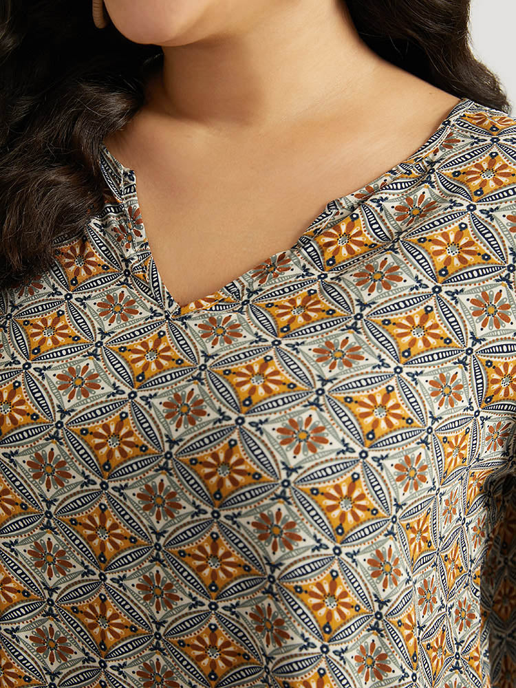 Boho Print Notched Contrast Lace Blouse