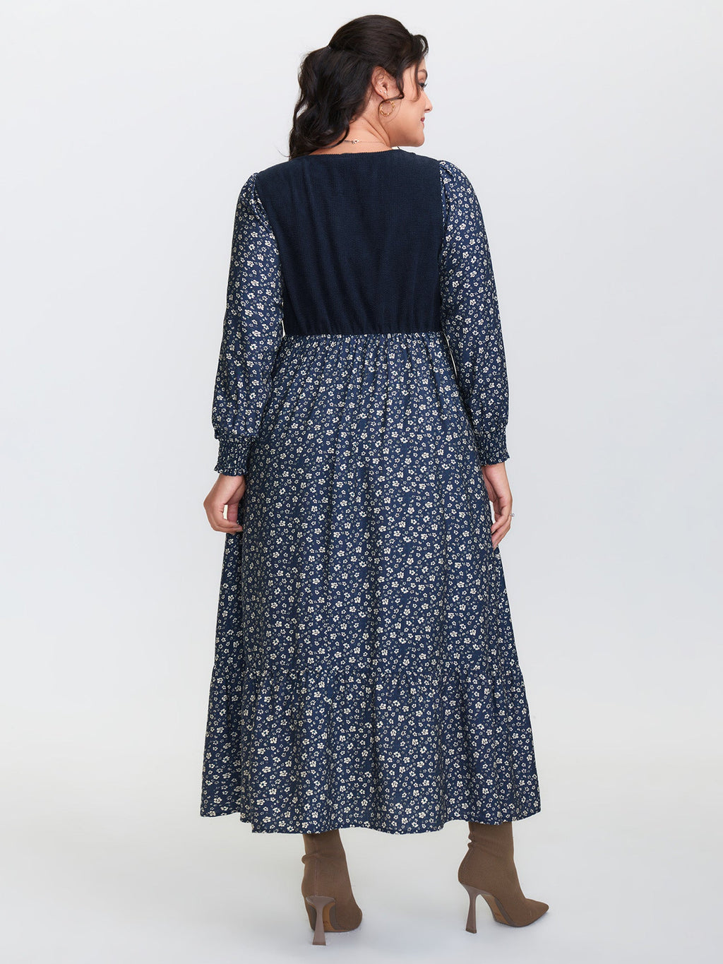 Corset Detail Shirred Floral Pockets Midi Dress