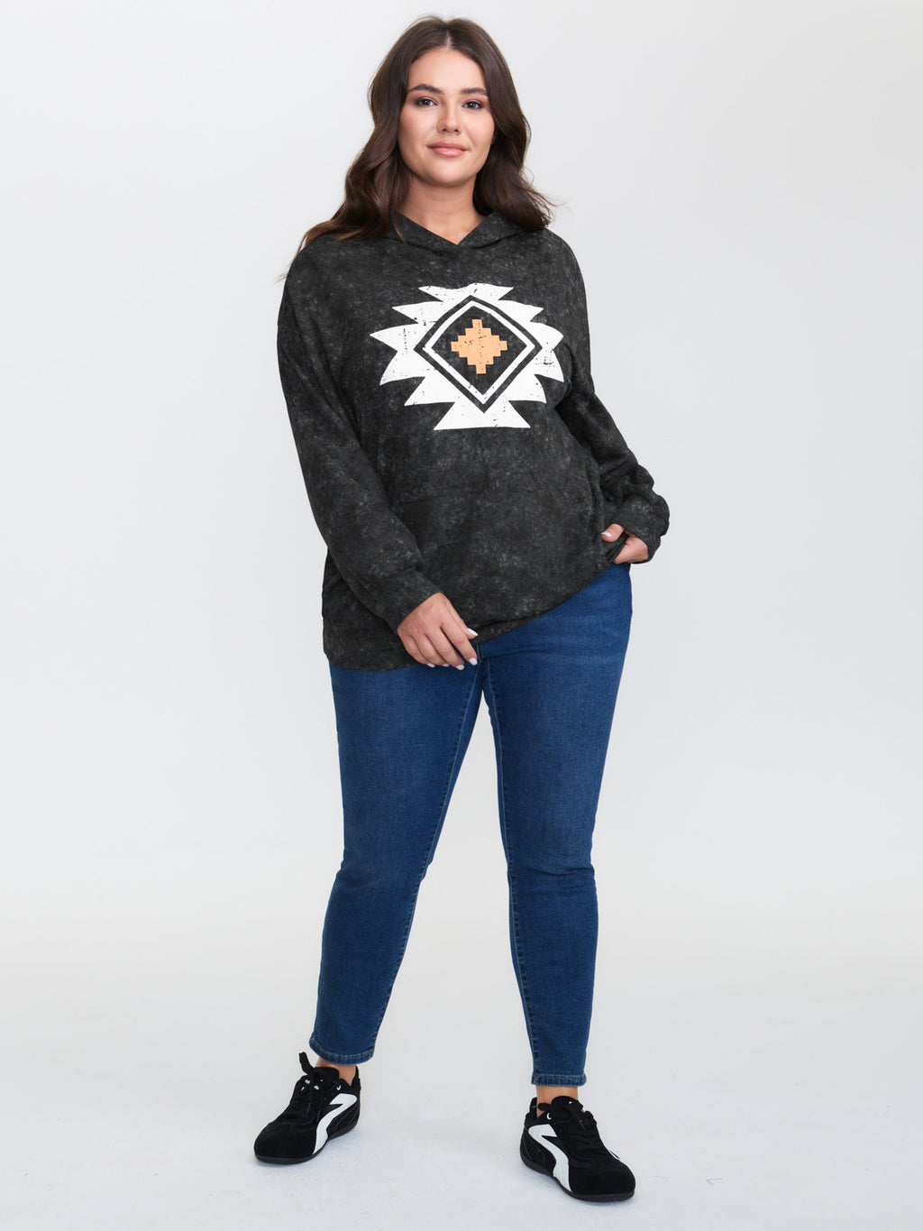 Boho Pattern Pockets Textured Hoodie