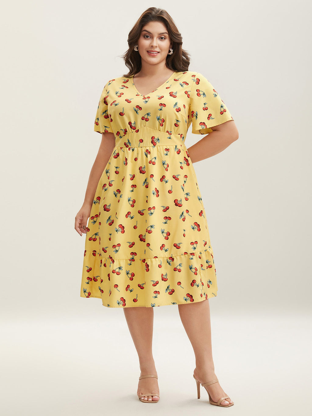 Cherry Print Stretchy Cinched-Waist Midi Dress