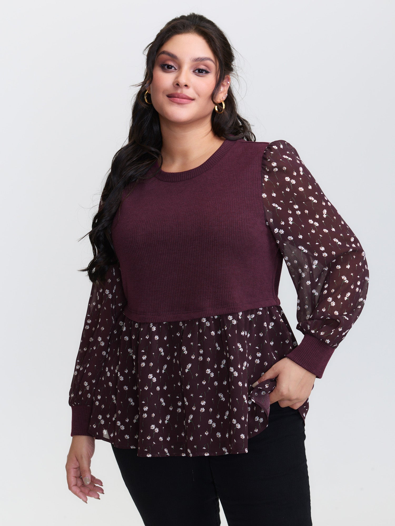 2-in-1 Floral Ribbed Knit Top