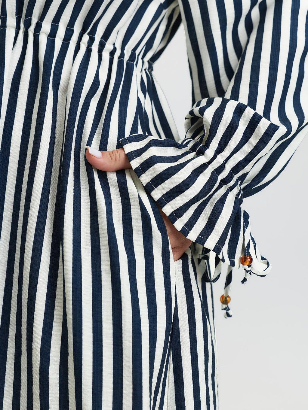 Rayon Stripe Pockets Drawstring Midi Dress