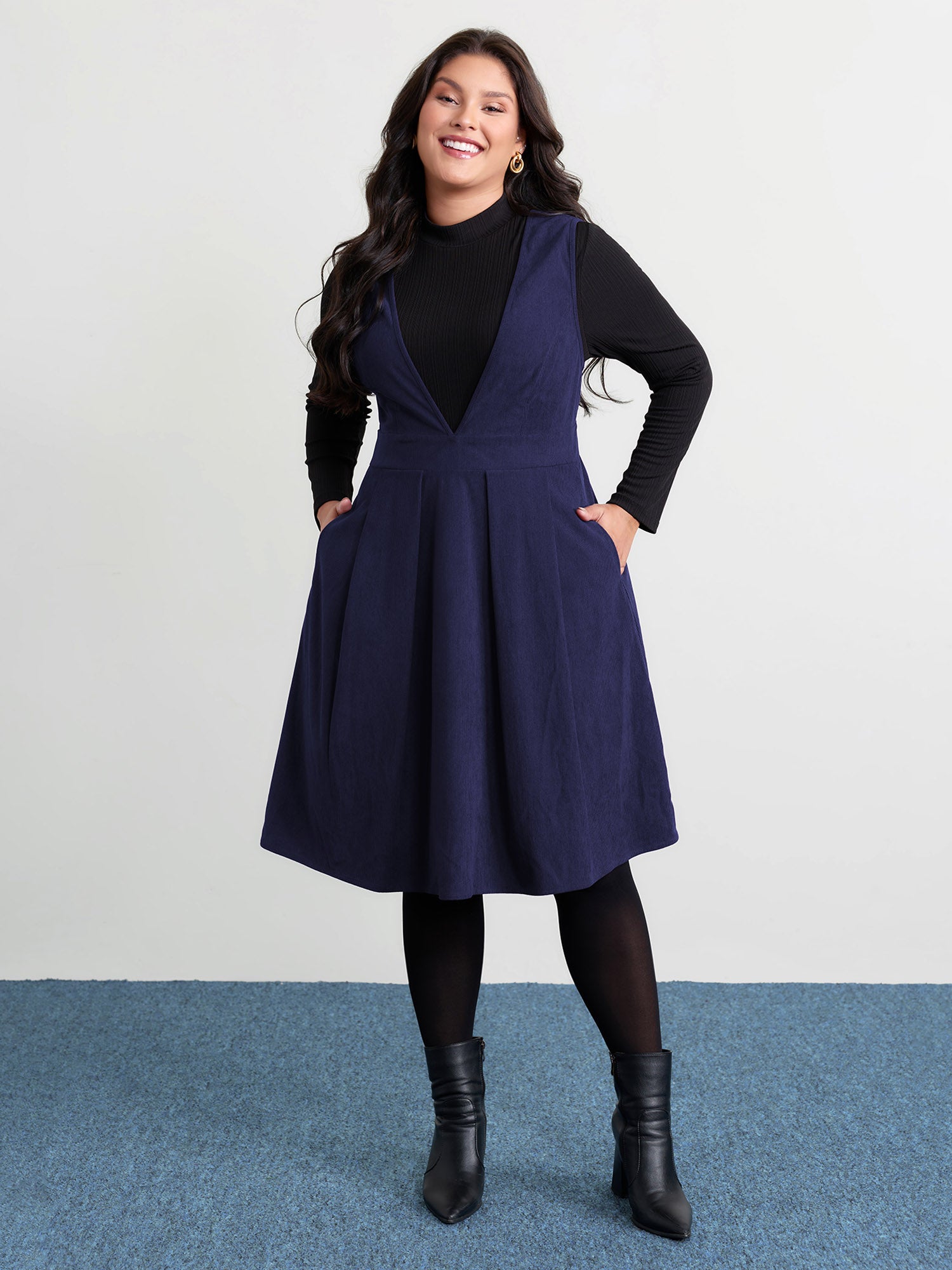 Corduroy Stretchy Waist V-Neck Midi Dress