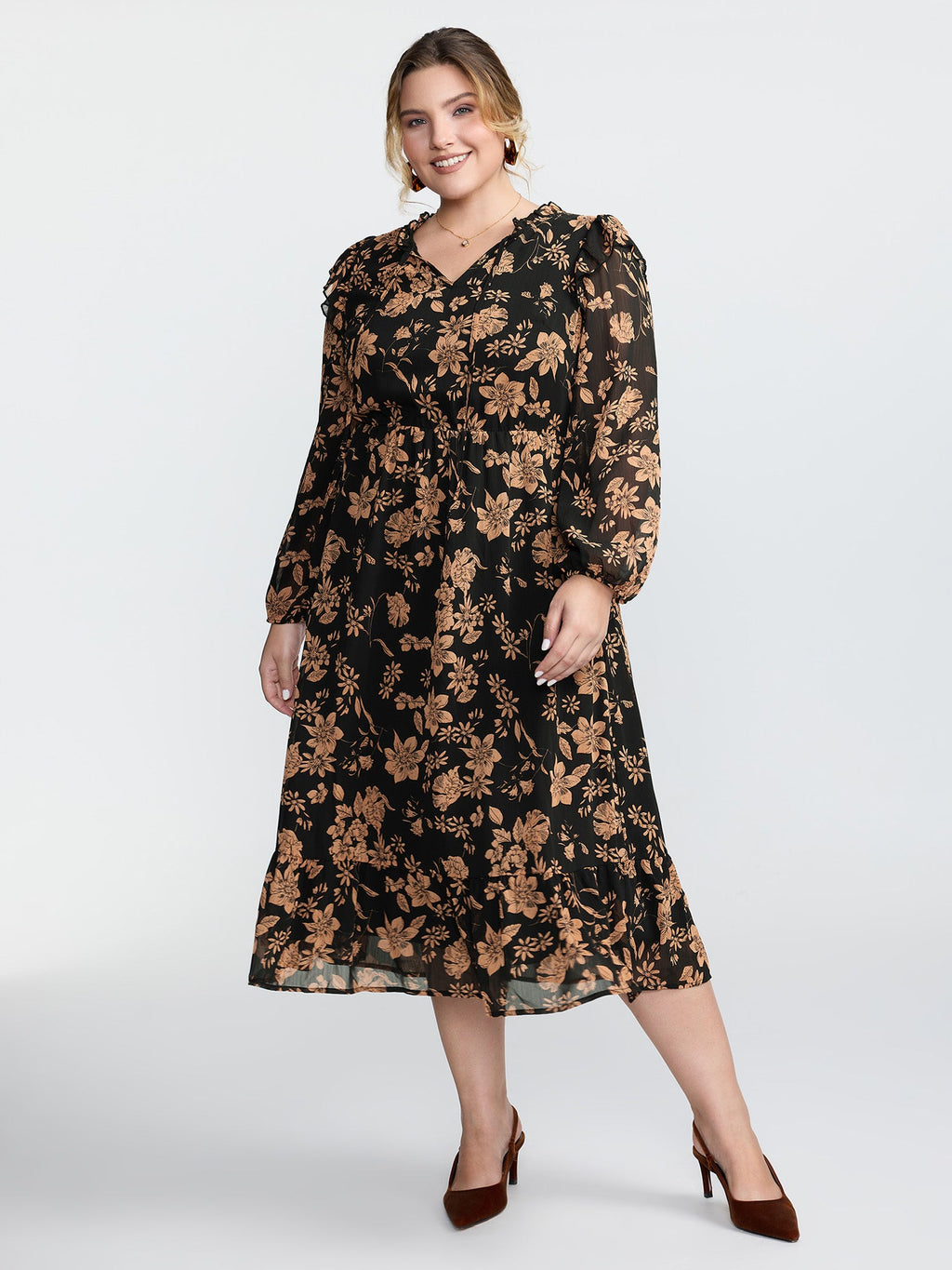 Chiffon Silhouette Flower Ruffled Midi Dress