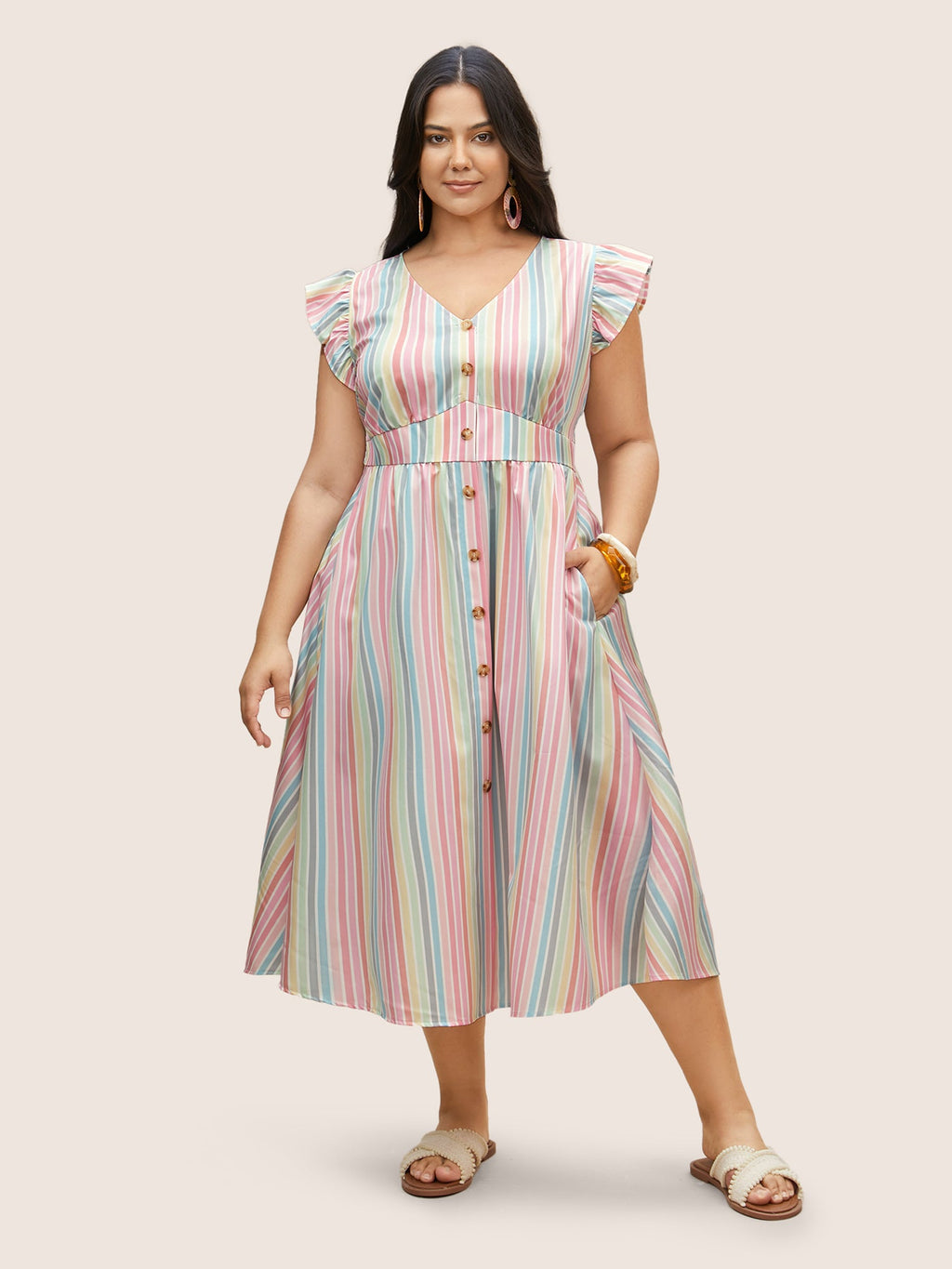 Colored Striped Button Detail Ruffles Dress