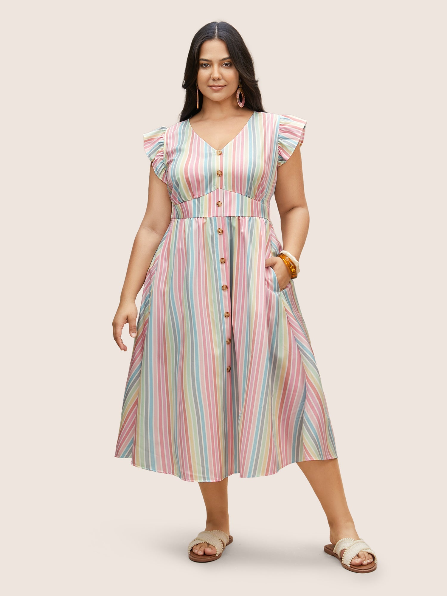 Colored Striped Button Detail Ruffles Dress