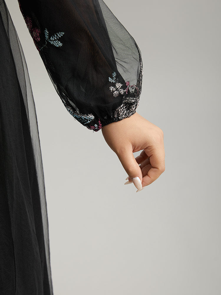 Butterfly Embroidered Mesh Gathered Patchwork Dress