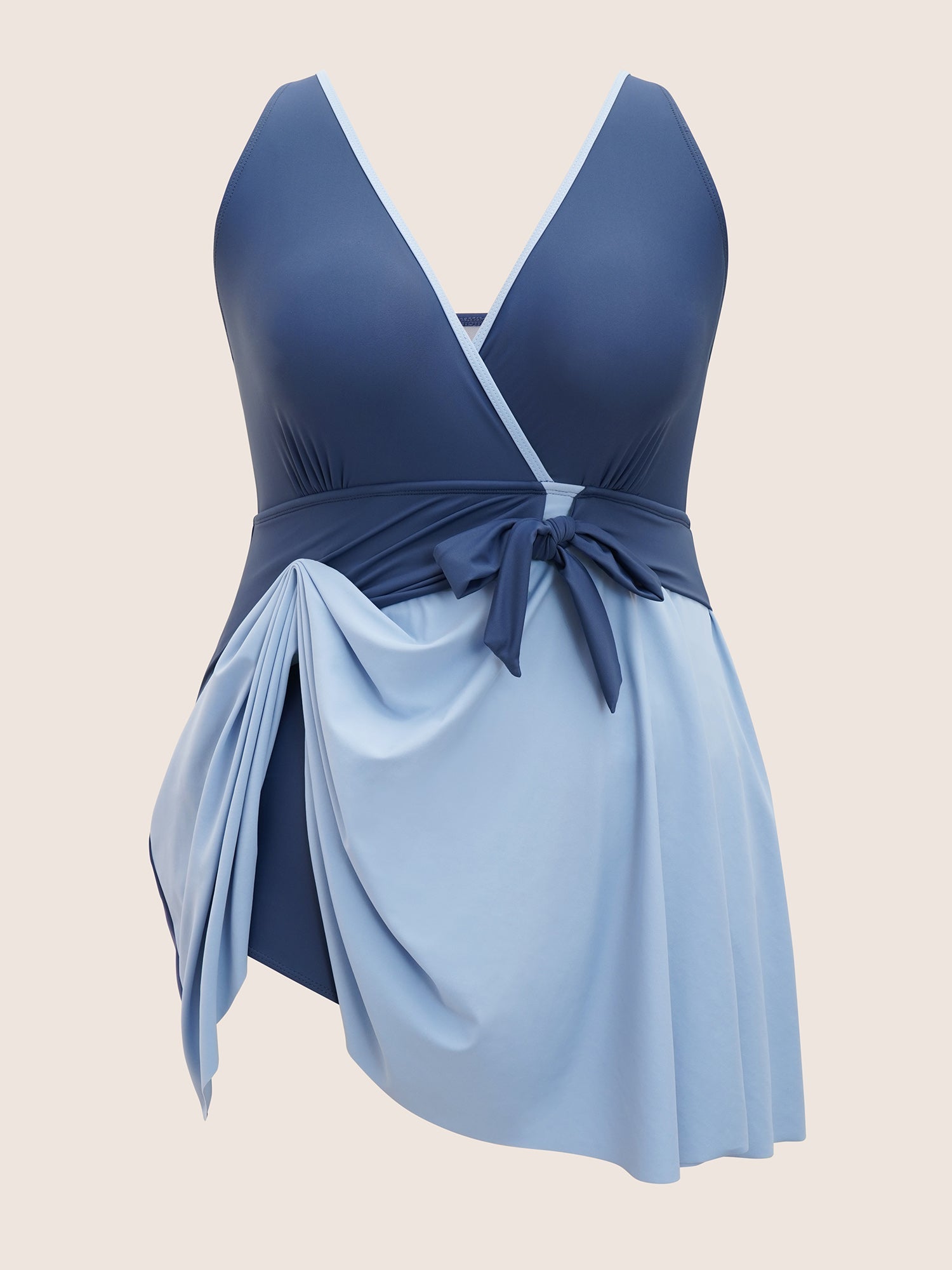 Contrast V Neck Tie Knot Swim Dress