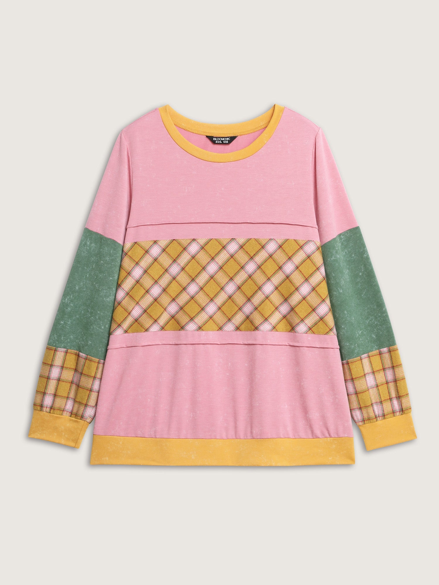 Colorblock Plaid Round Neck Sweatshirt