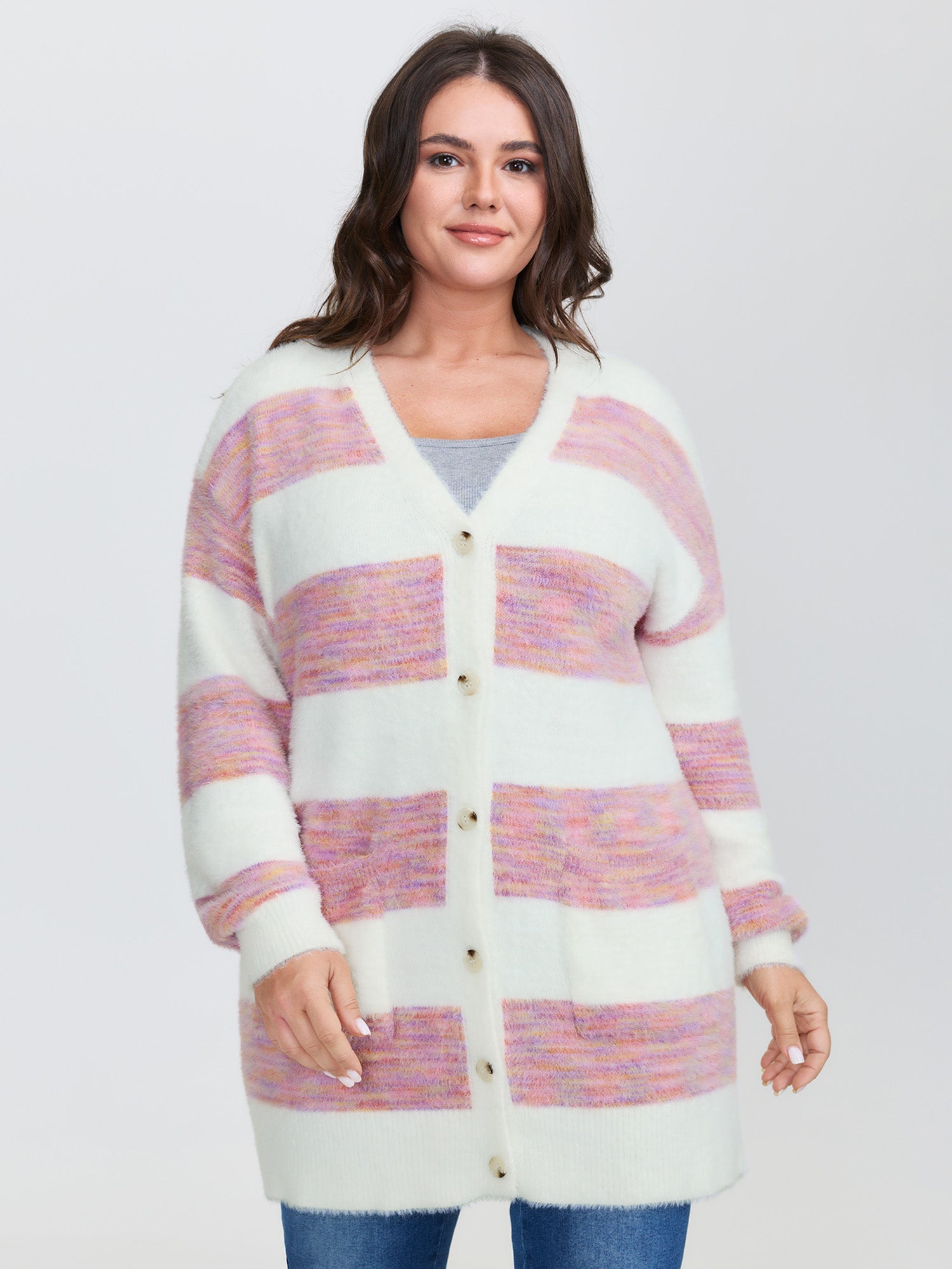 Color Stripes Furry Textured Knit Cardigan