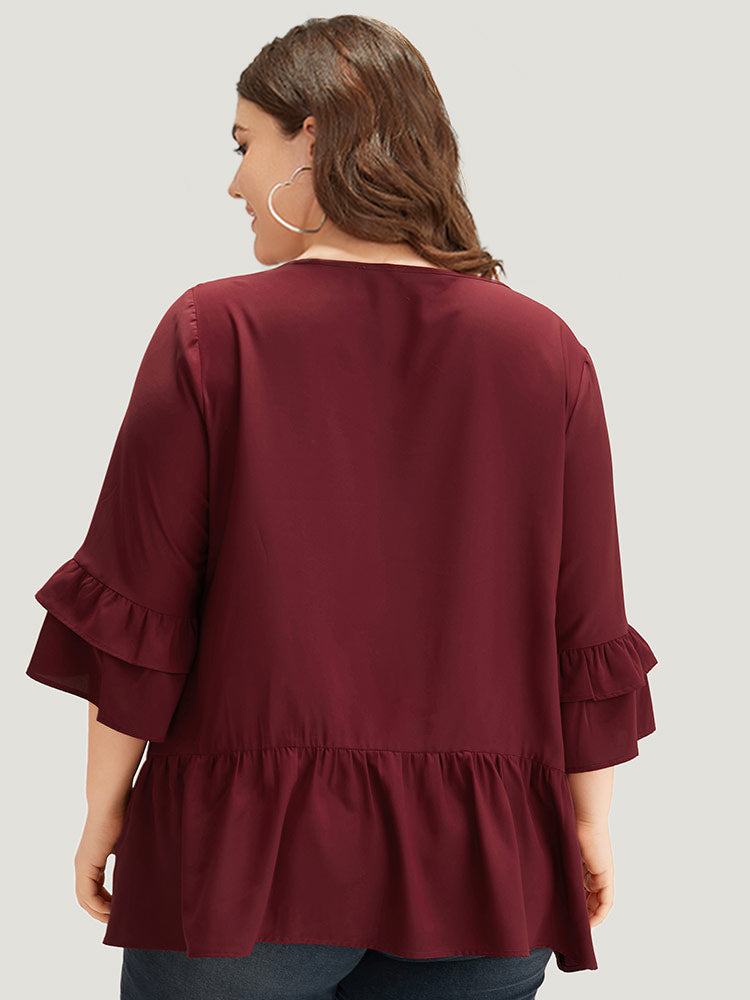 Anti-Wrinkle Plain Ruffle Layered Sleeve Crew Neck Blouse