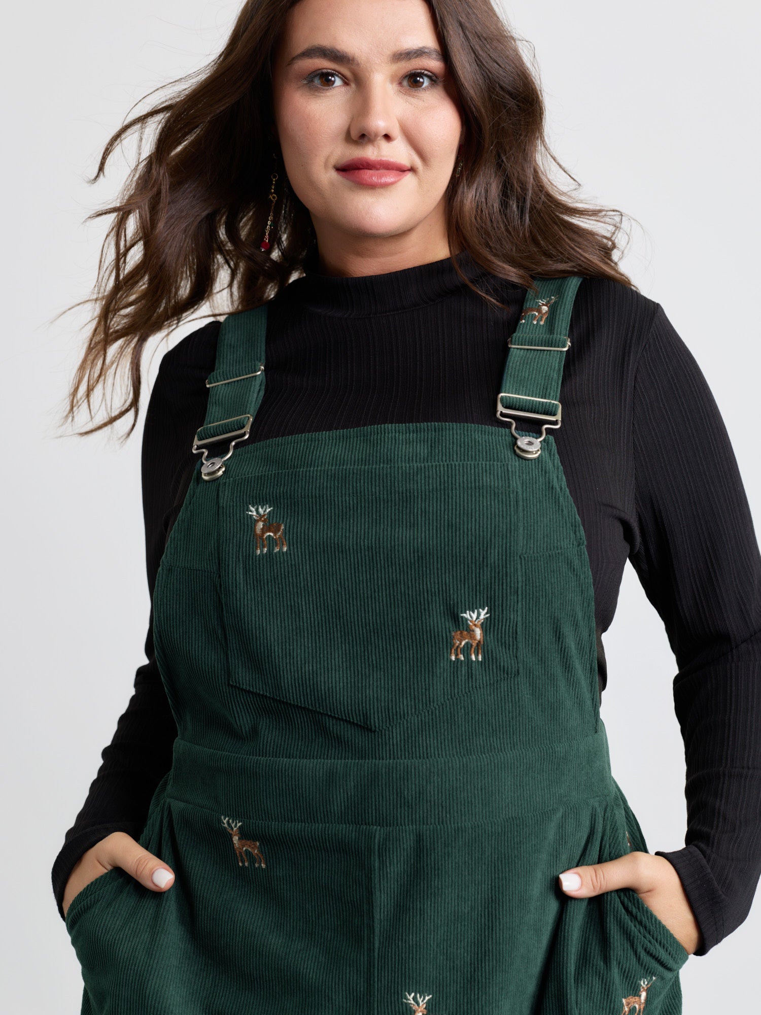 Corduroy Embroidered Adjustable Straps Knee Dress