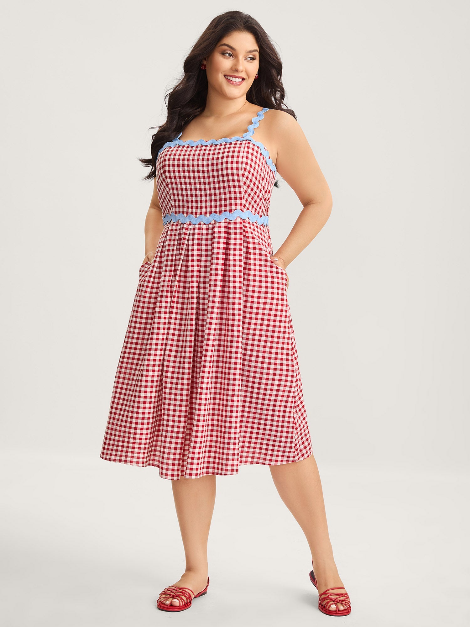 Cotton Sweet Gingham Print Stretchy Waist Midi Dress