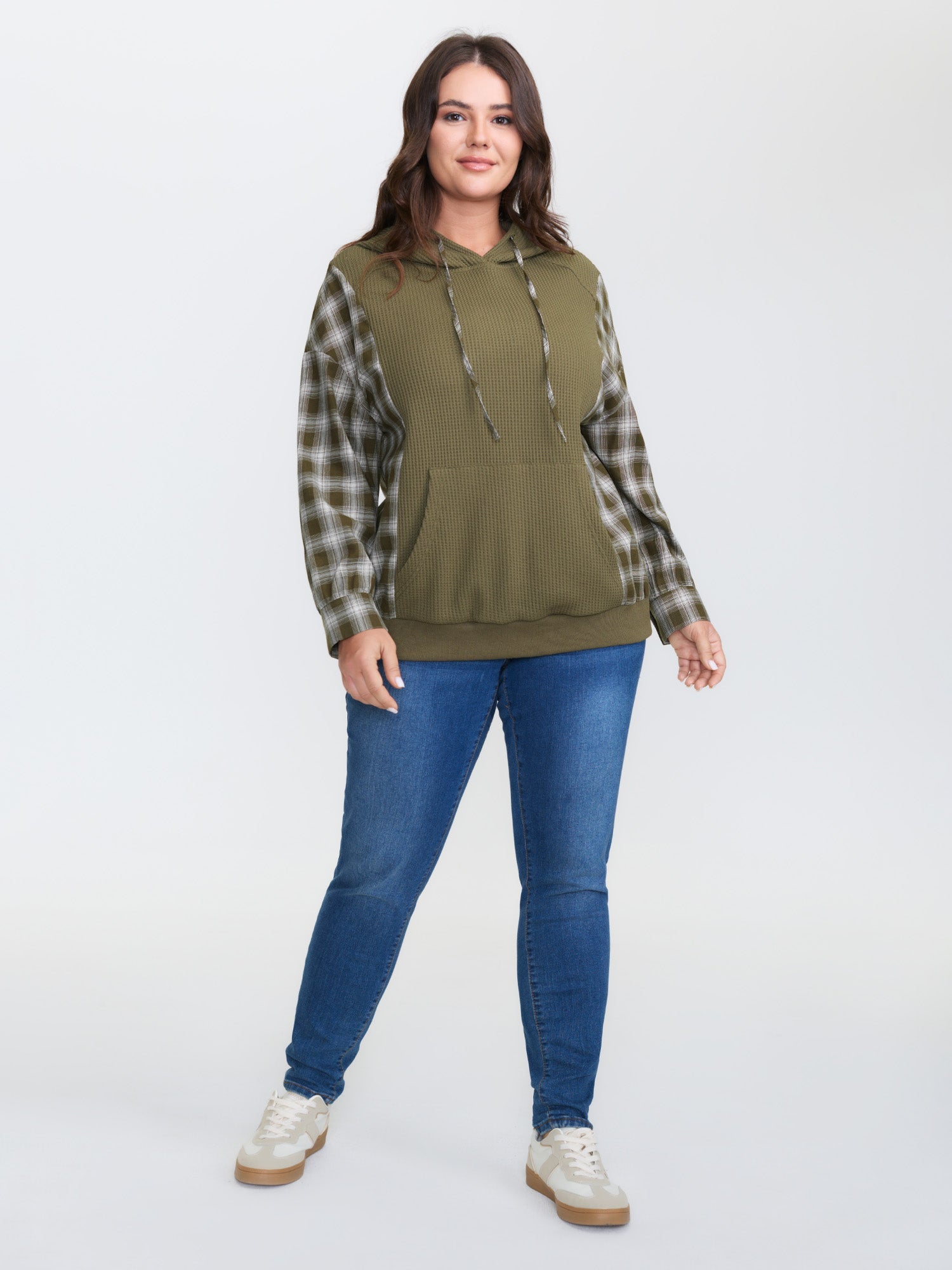 Checkered Spliced Textured Hoodie