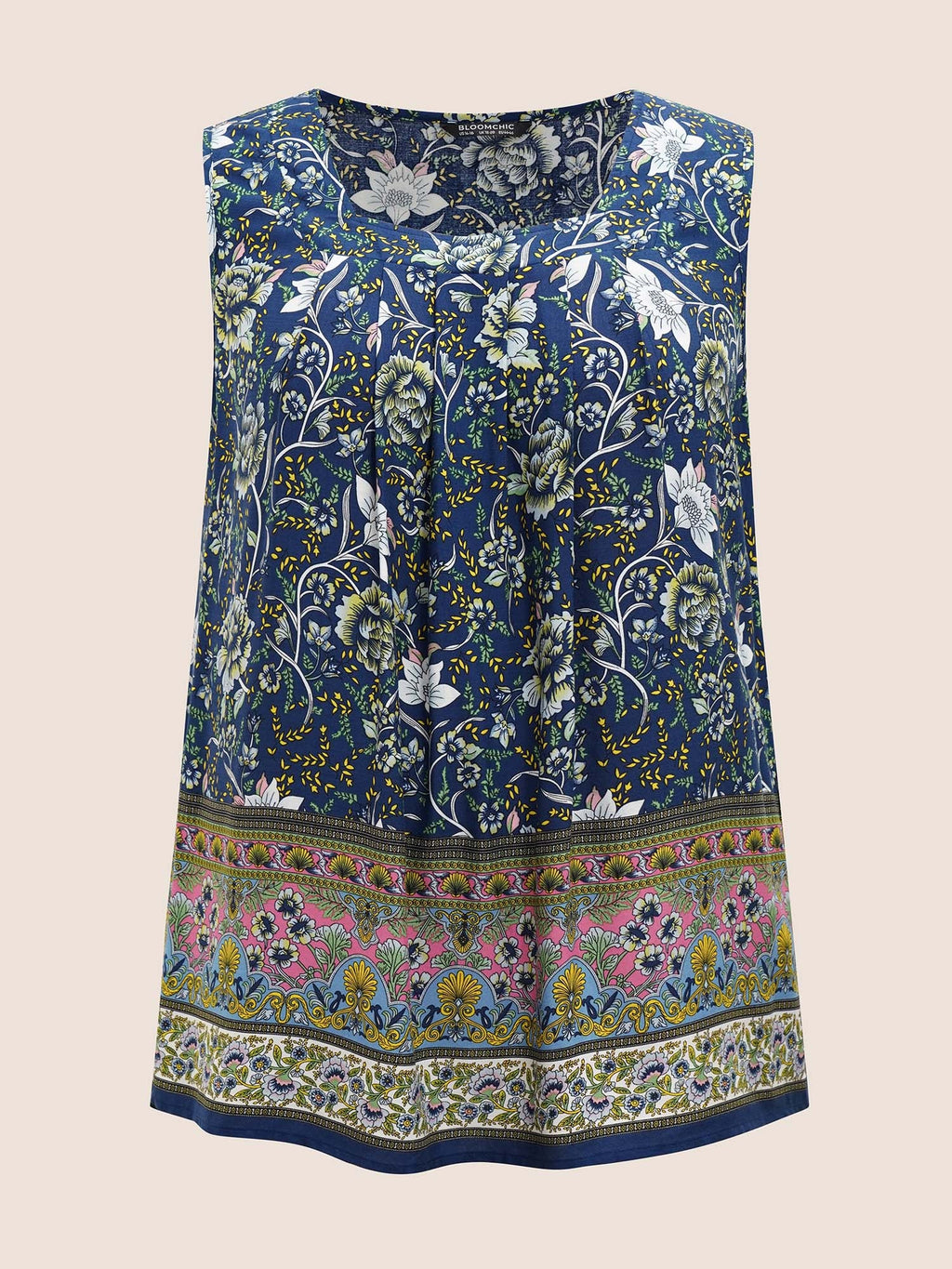 Boho Print Plicated Detail Square Neck Tank Top