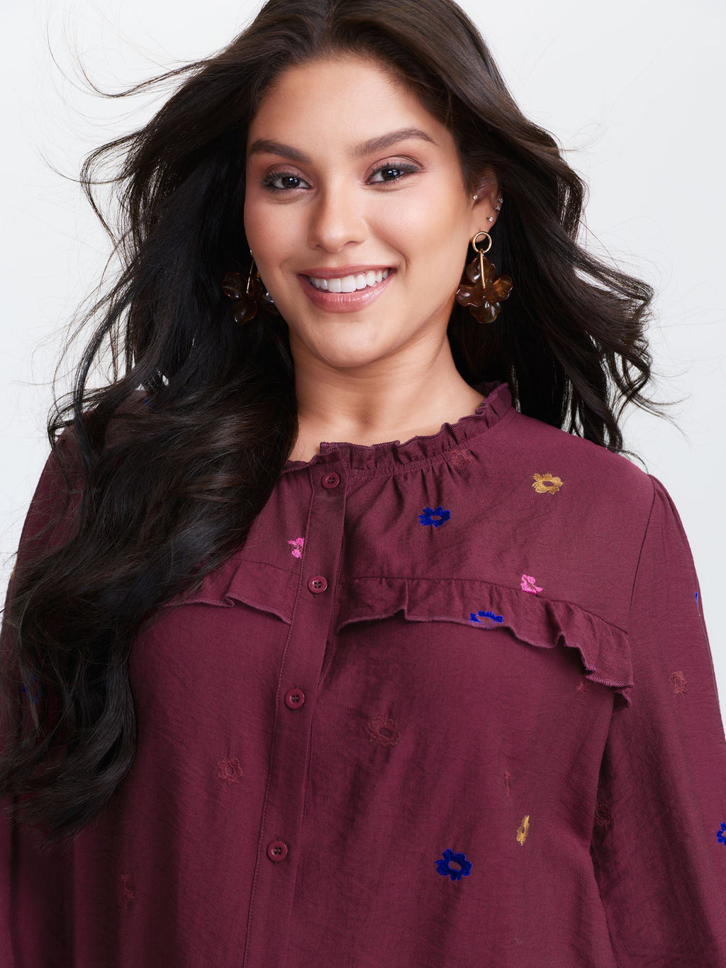 Colorful Floral Embroidery Button Shirt