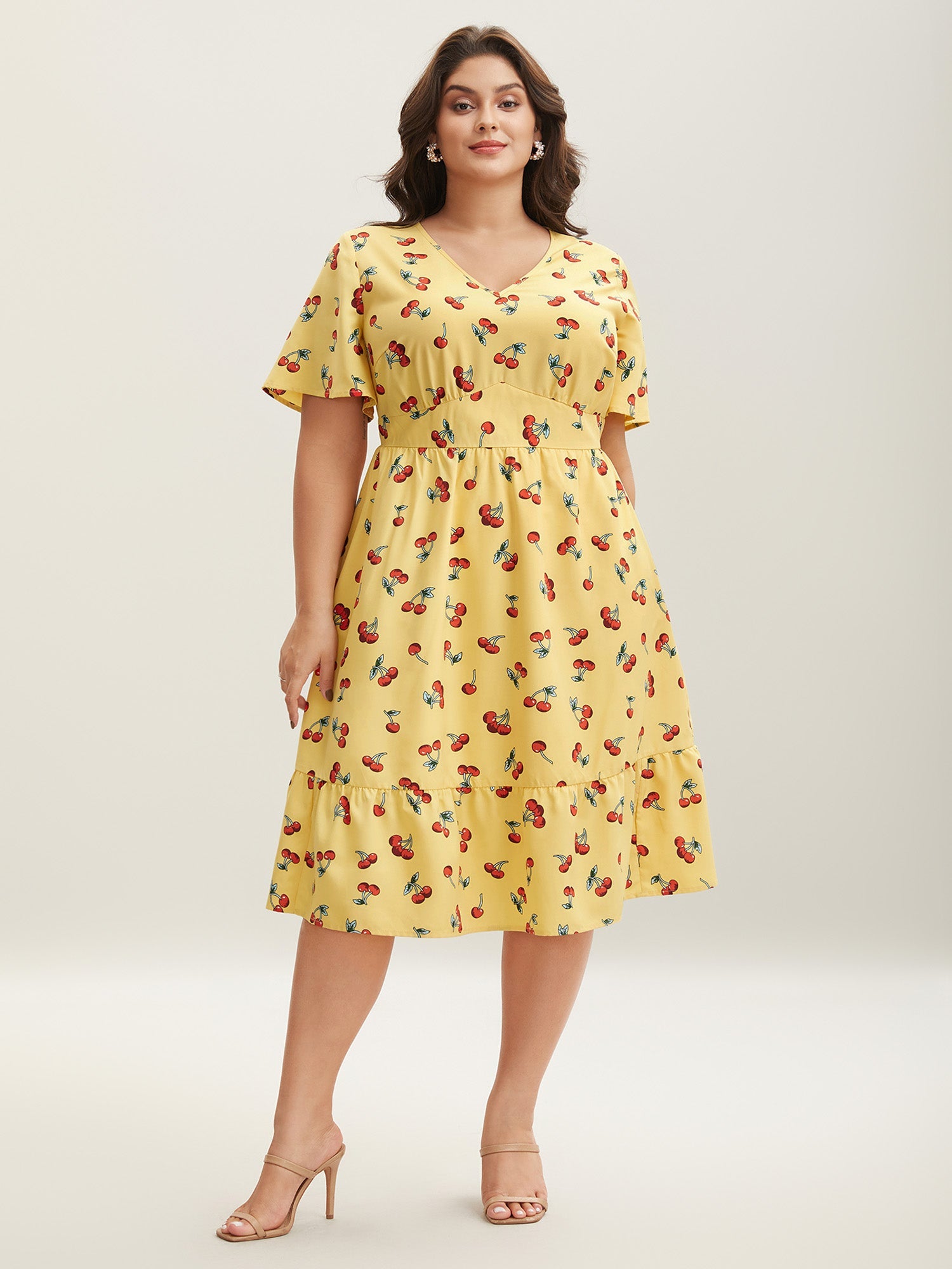 Cherry Print Stretchy Cinched-Waist Midi Dress