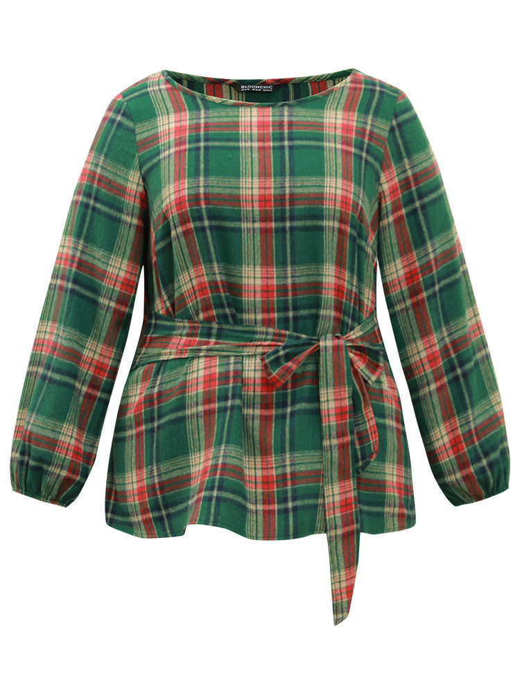 Christmas Plaid Ties Lantern Sleeve Blouse