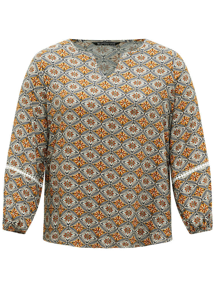 Boho Print Notched Contrast Lace Blouse