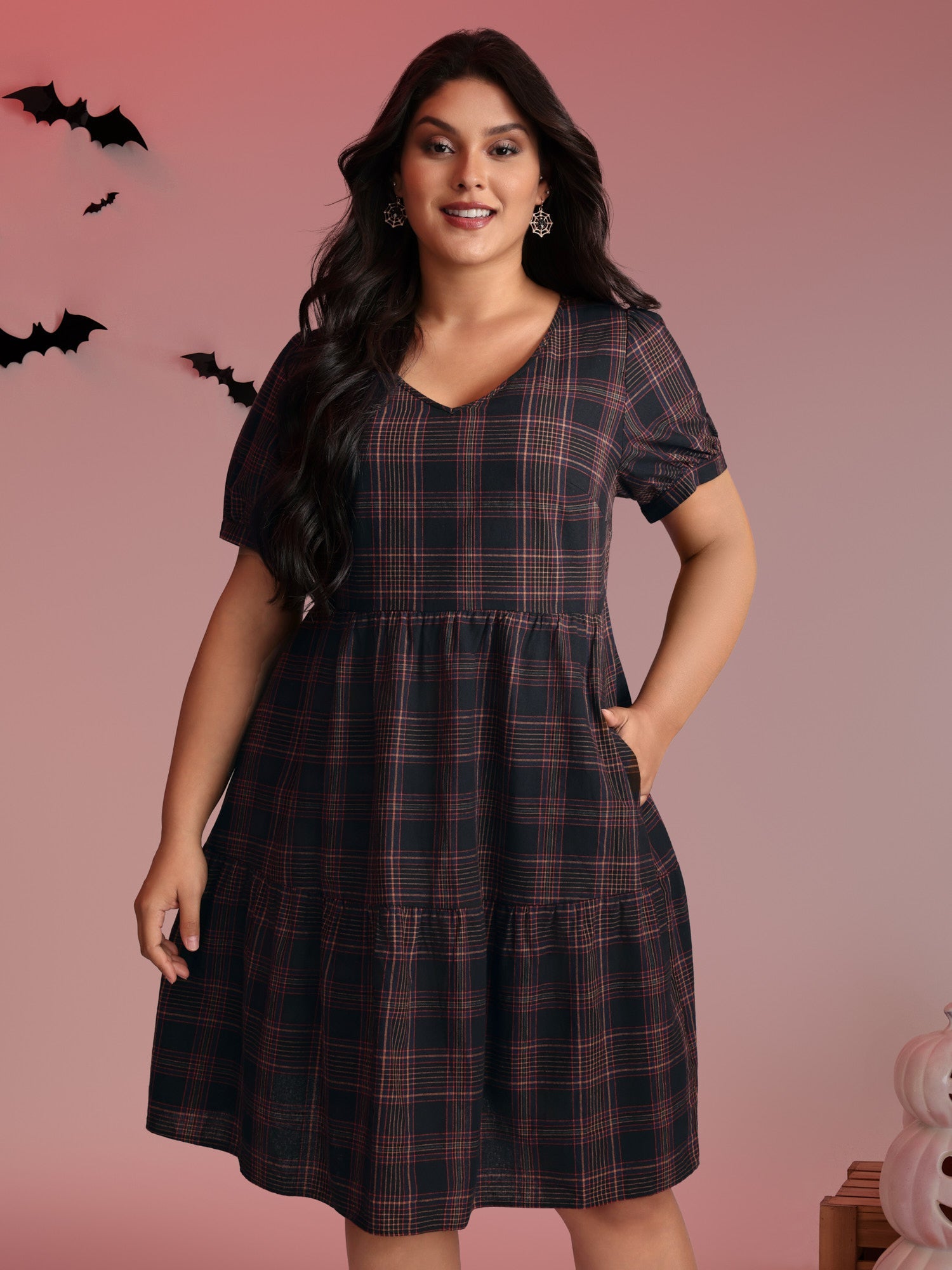 Cotton Retro Plaid Print Tiered Stretchy Midi Dress