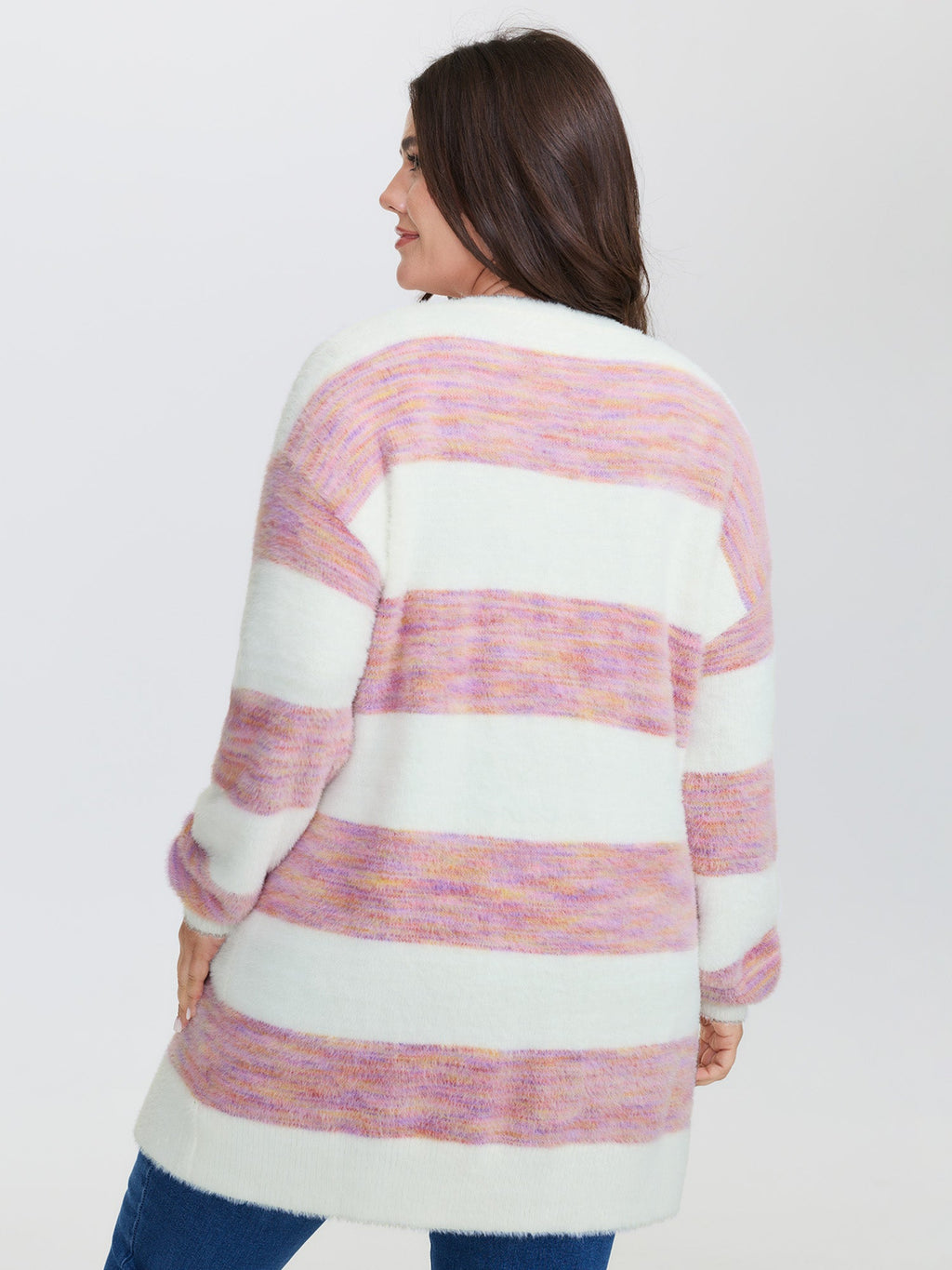 Color Stripes Furry Textured Knit Cardigan