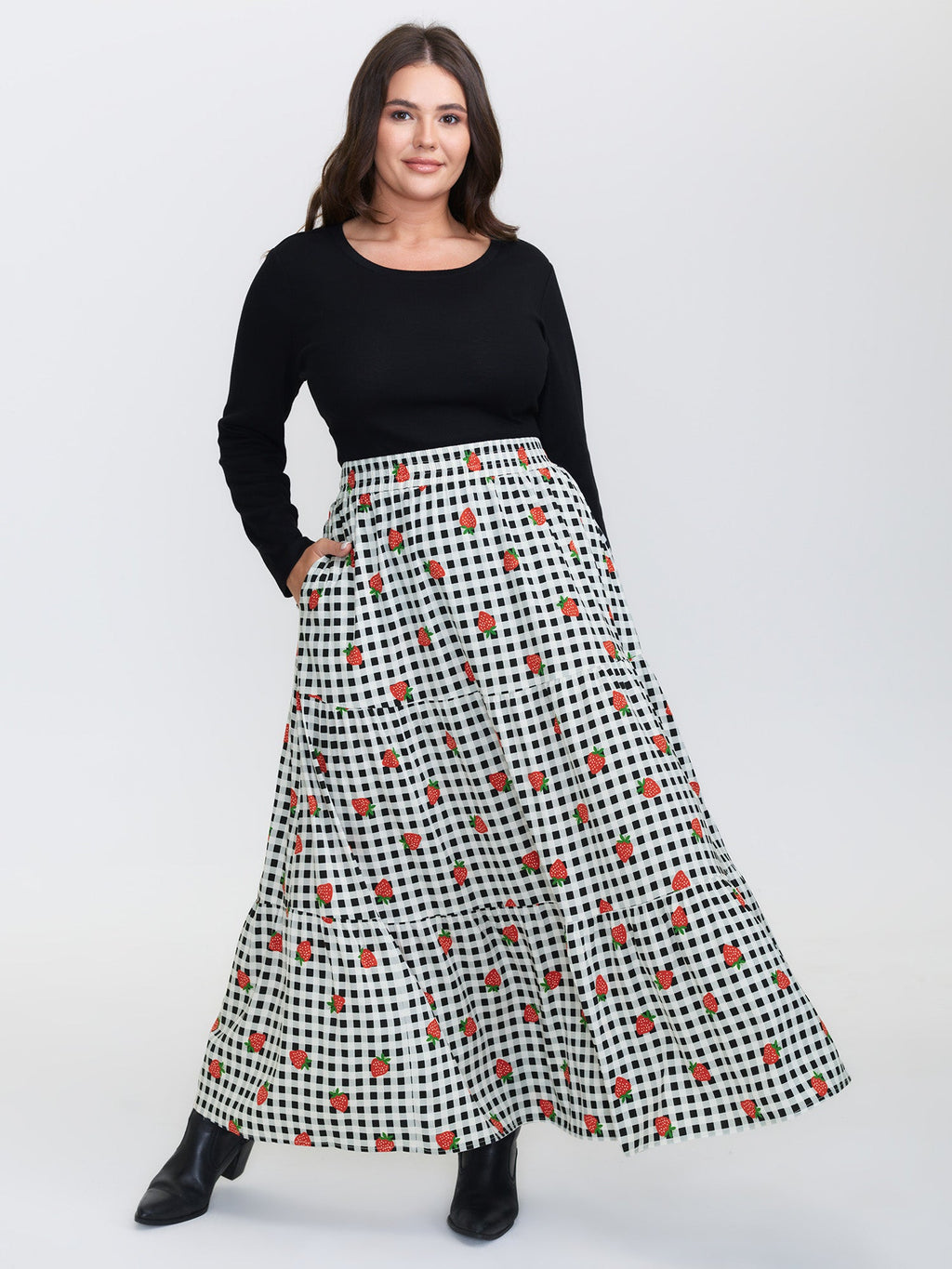 Checkered Fruity Print Tiered Maxi Skirt