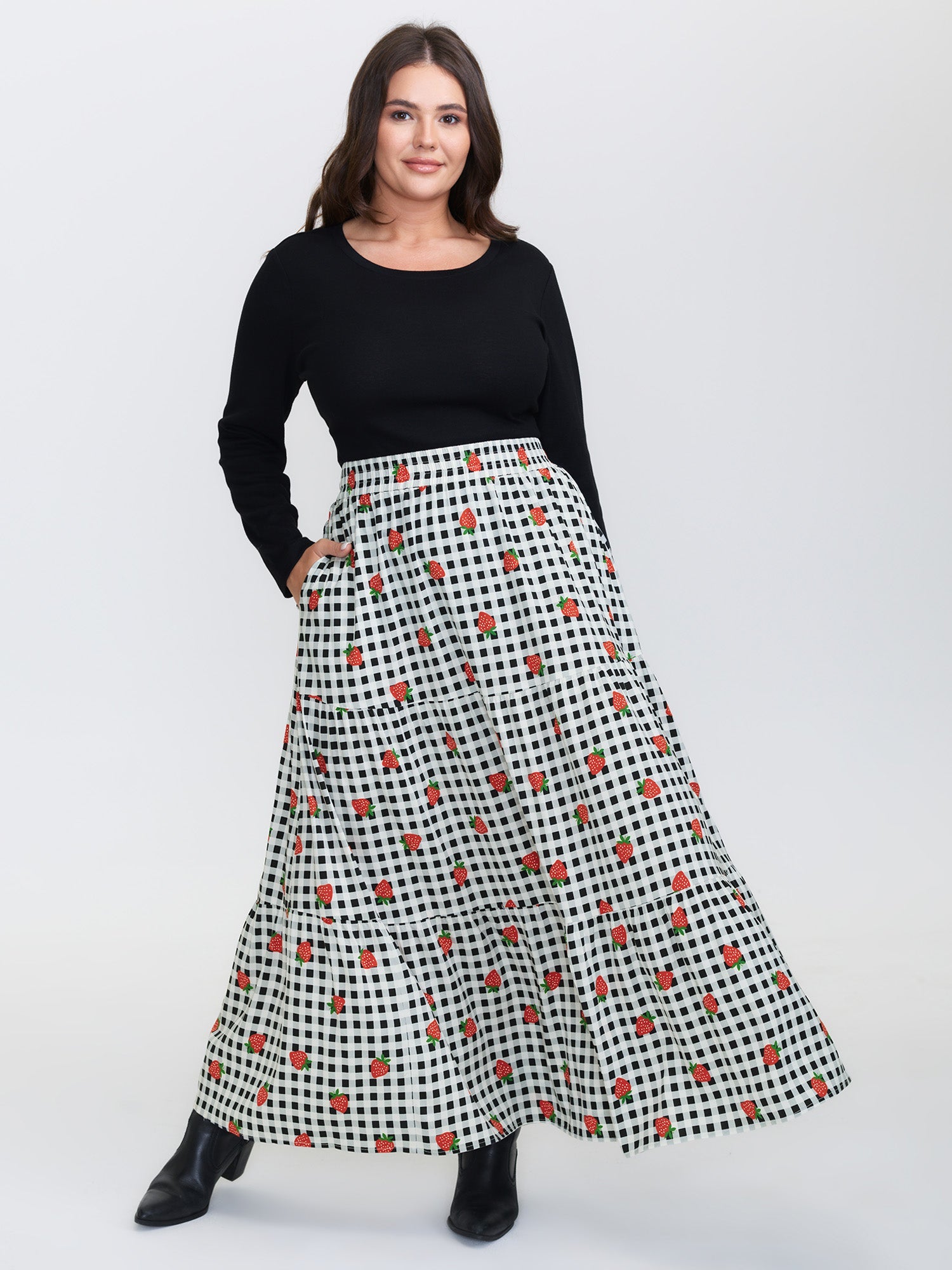 Checkered Fruity Print Tiered Maxi Skirt