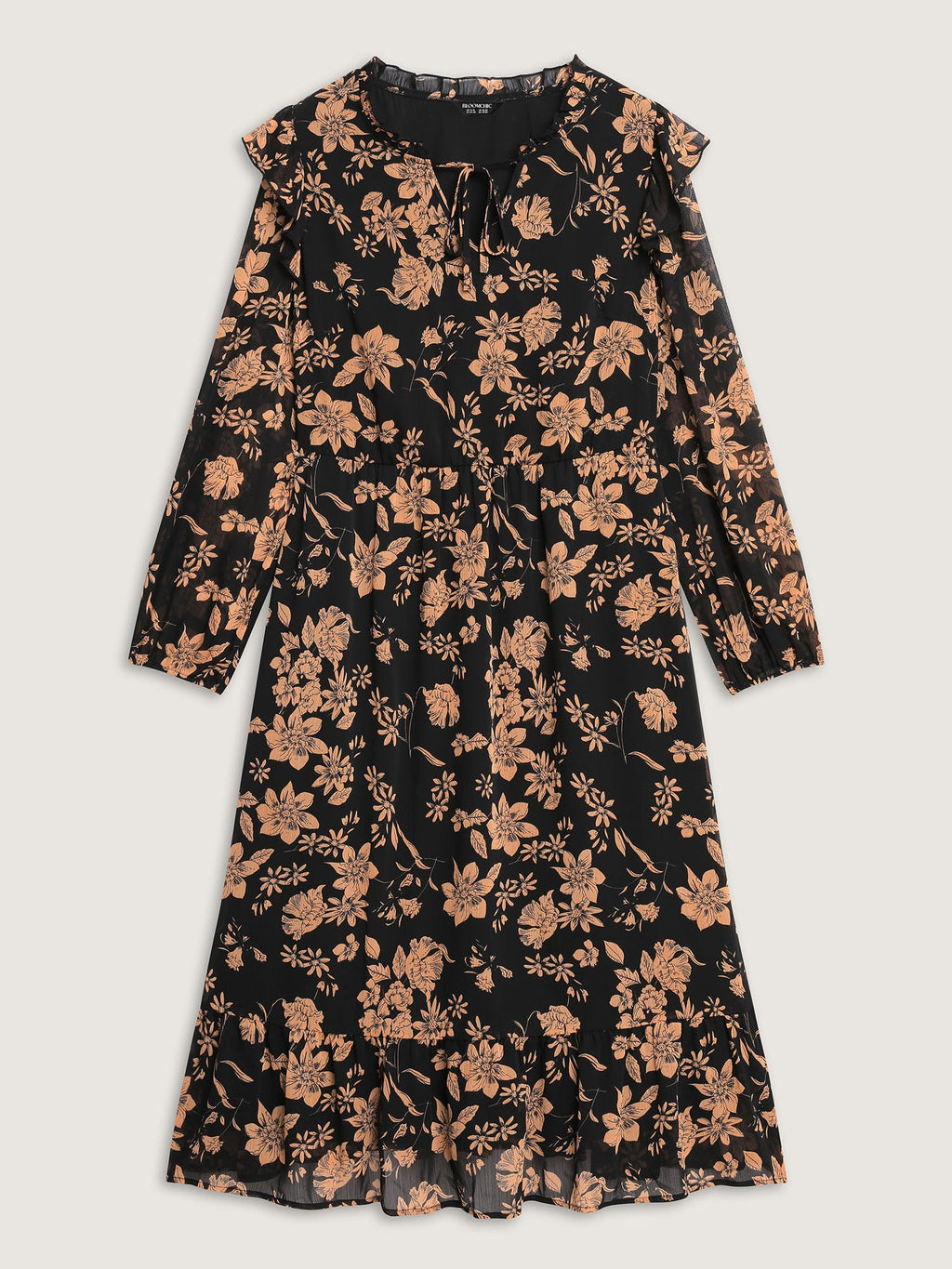 Chiffon Silhouette Flower Ruffled Midi Dress