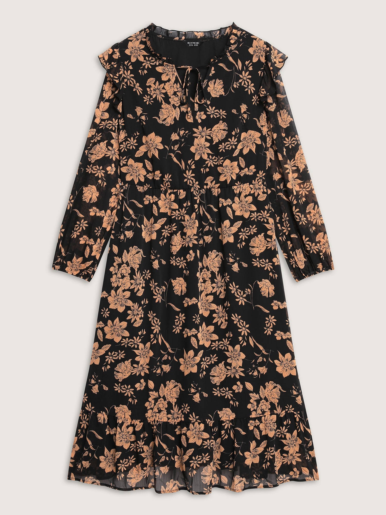 Chiffon Silhouette Flower Ruffled Midi Dress