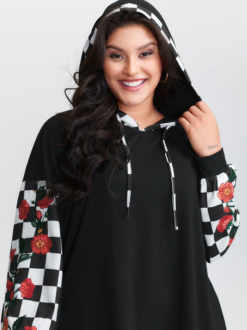 Checkered Stretchy Color Contrast Hoodie