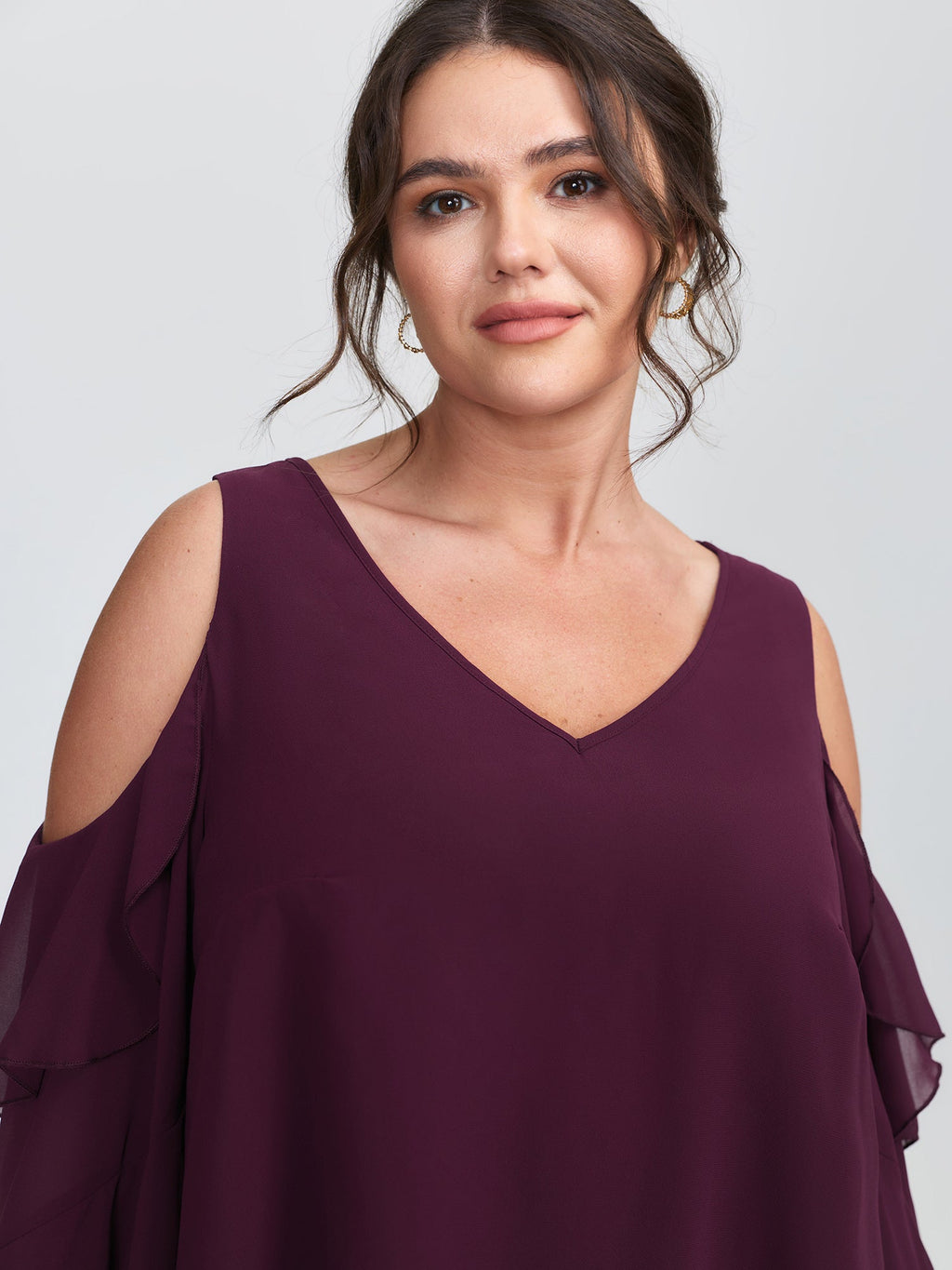 Ruffled Cut-Out Shoulder Flowy Blouse