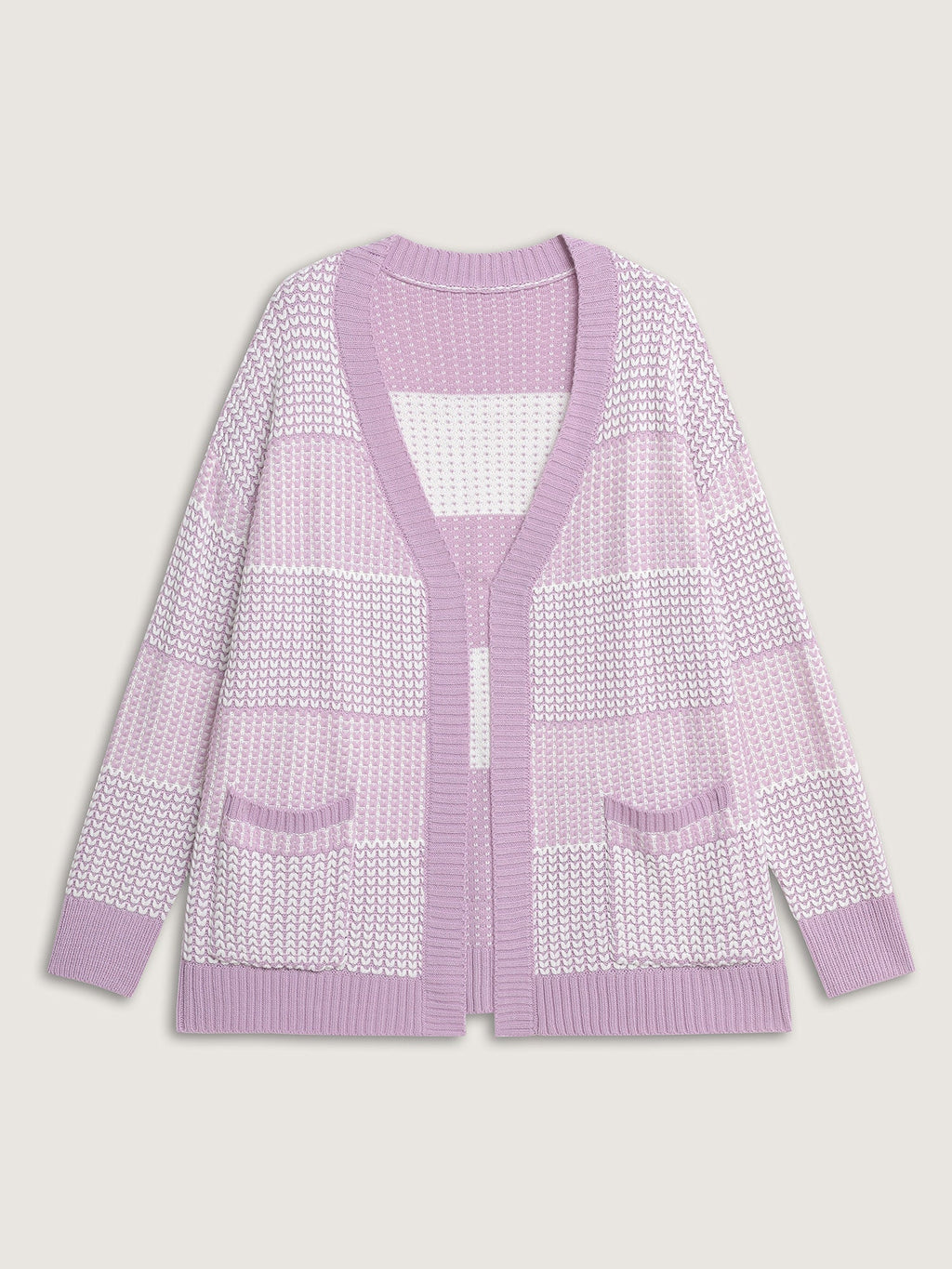 Color Stripes Pockets Textured Knit Cardigan