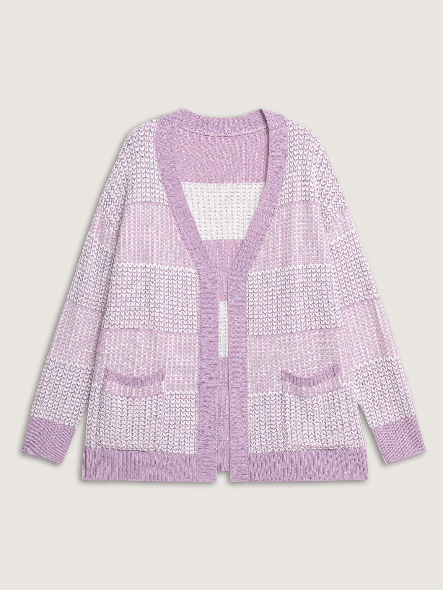 Color Stripes Pockets Textured Knit Cardigan
